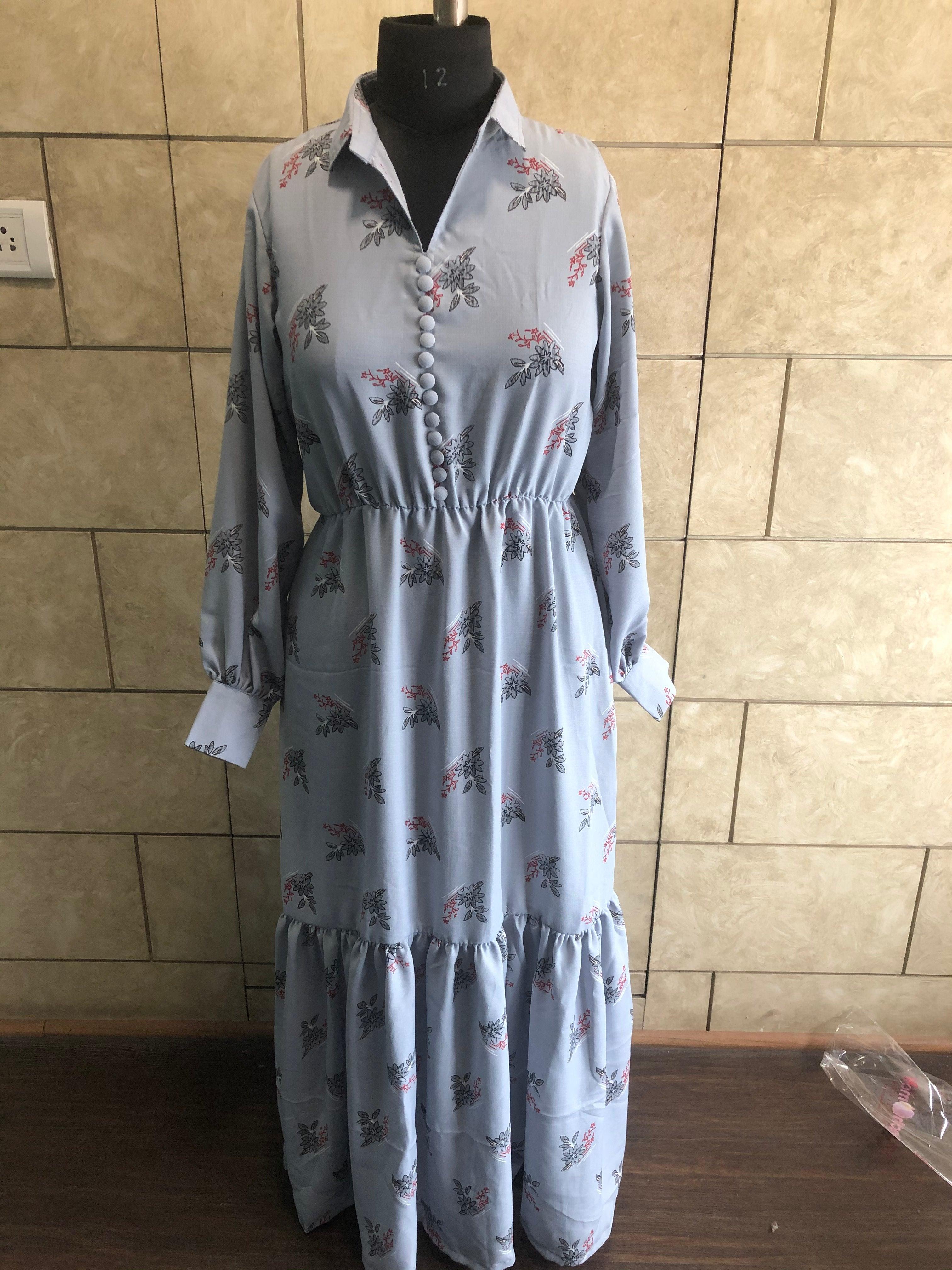 Grey Floral Printed Crepe Flared Gown - Peachmode
