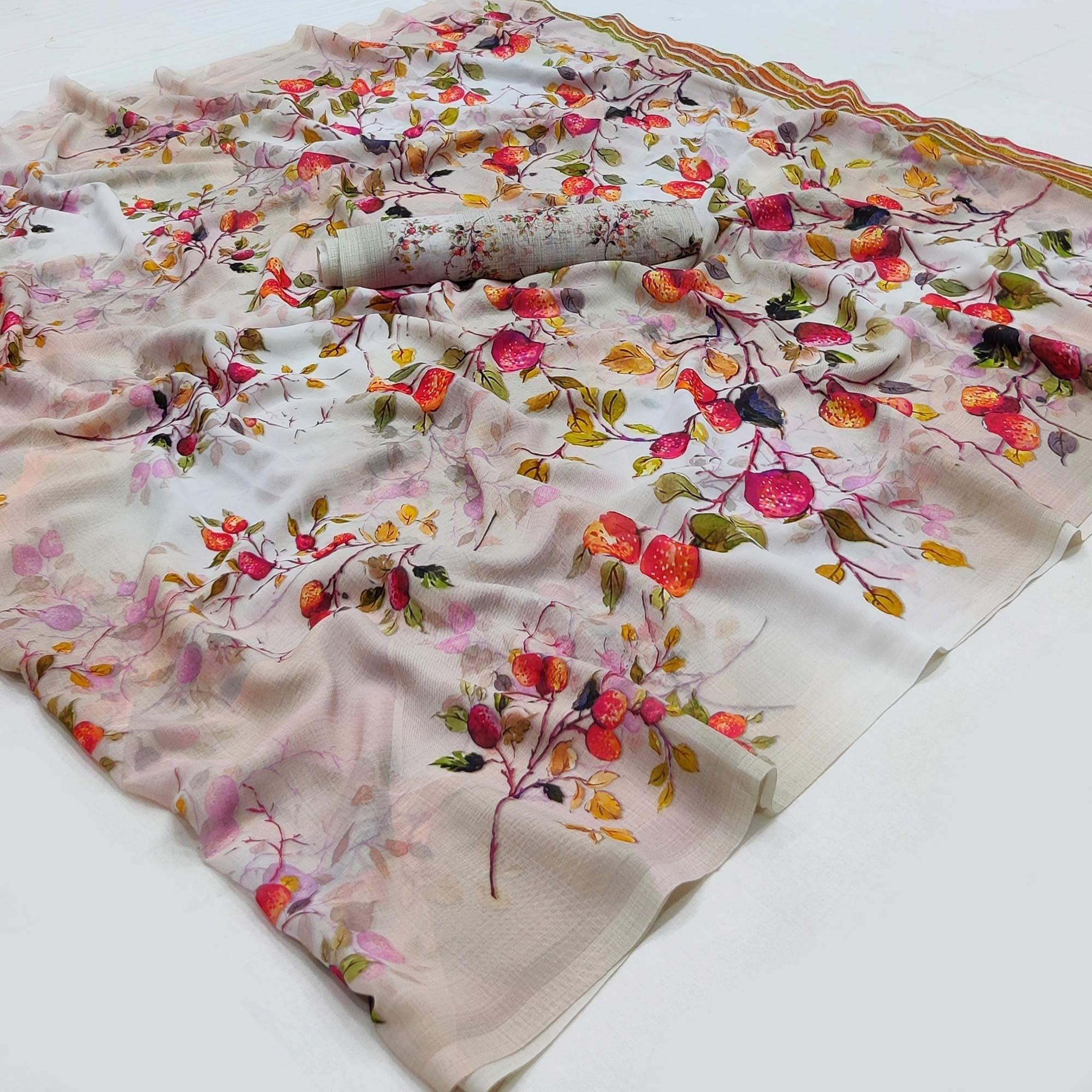 Grey Floral Printed Georgette Saree - Peachmode