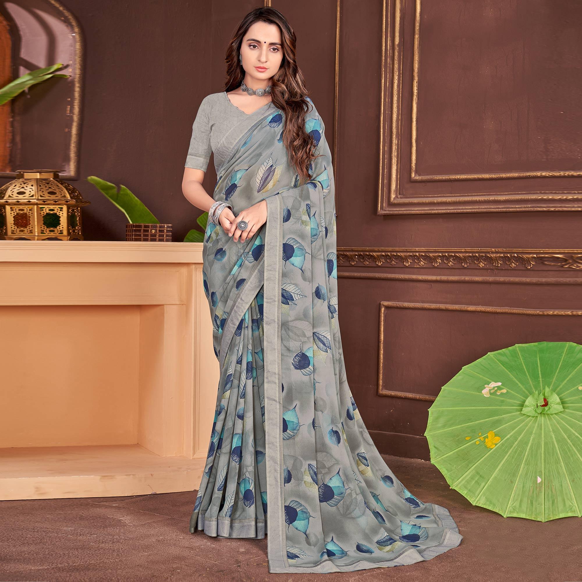 Grey Floral Printed Georgette Saree - Peachmode