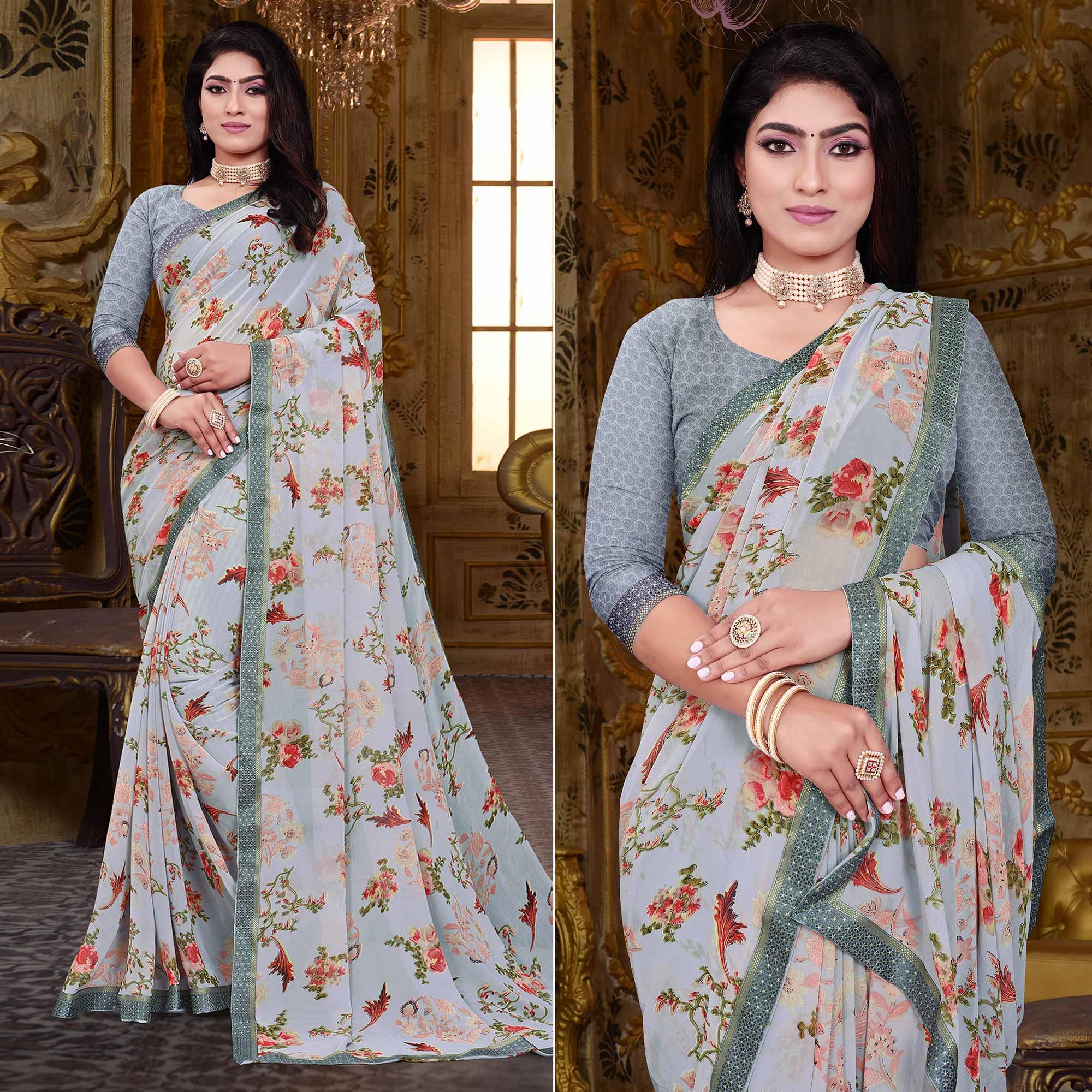Grey Floral Printed Georgette Saree - Peachmode