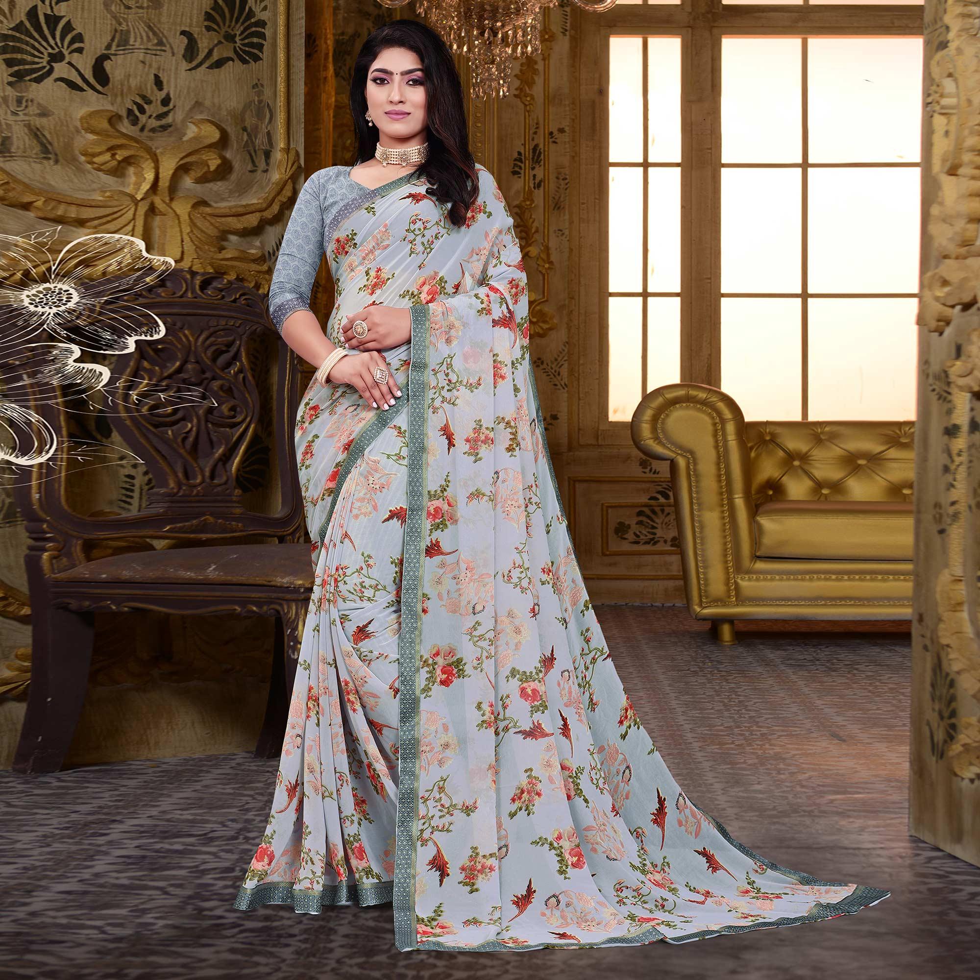 Grey Floral Printed Georgette Saree - Peachmode