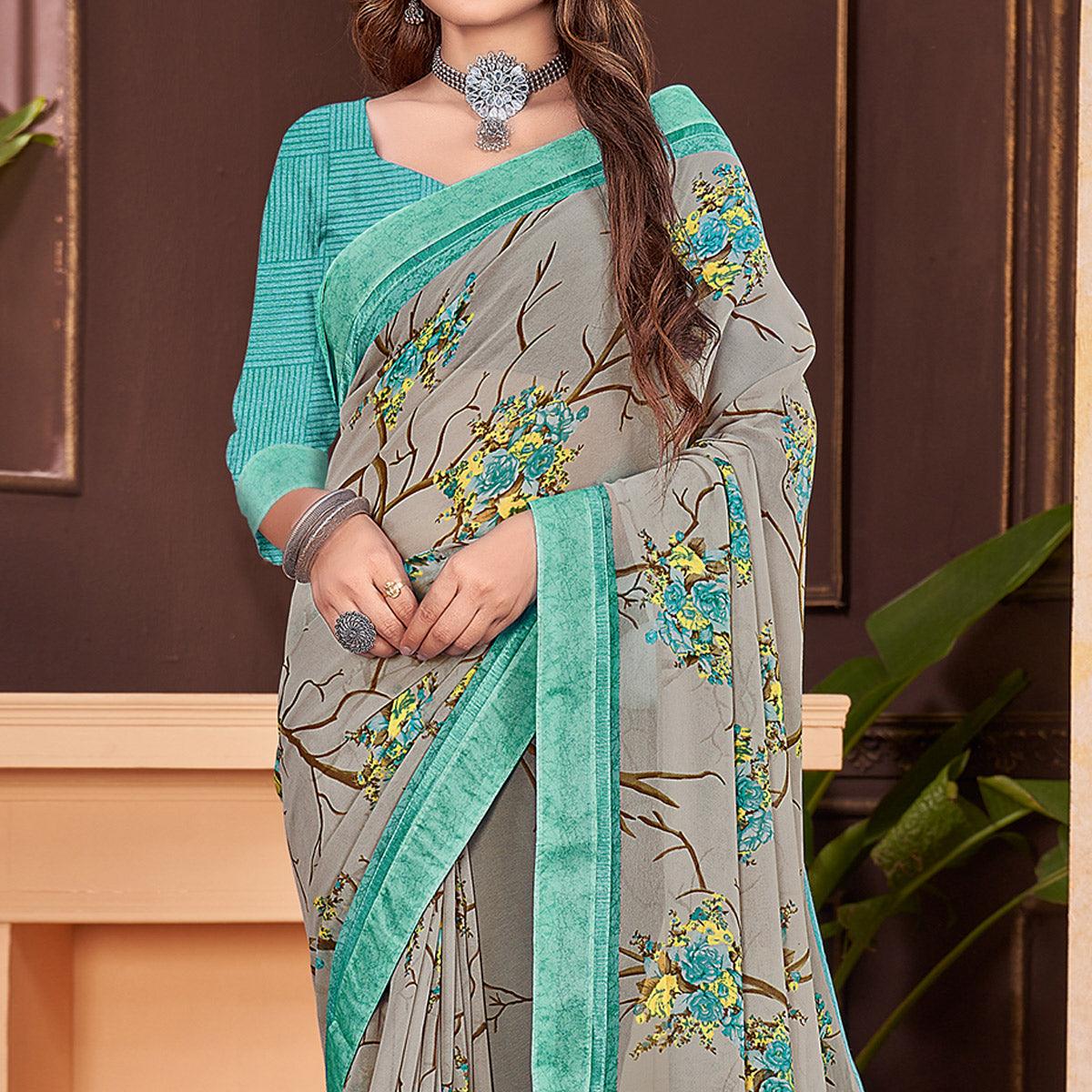 Grey Floral Printed Georgette Saree - Peachmode