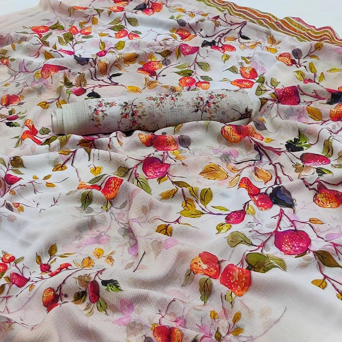 Grey Floral Printed Georgette Saree - Peachmode