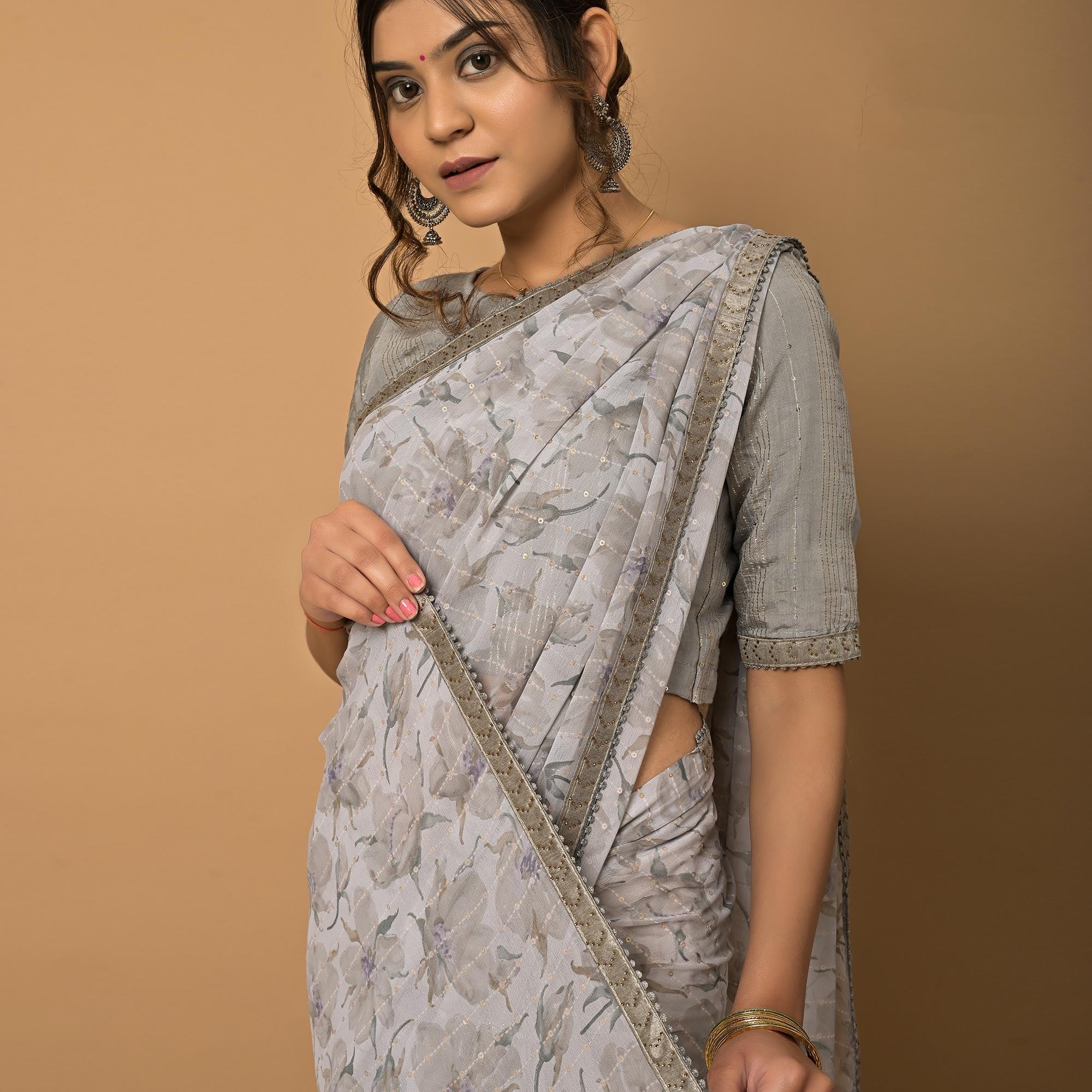 Grey Floral Printed Georgette Saree - Peachmode