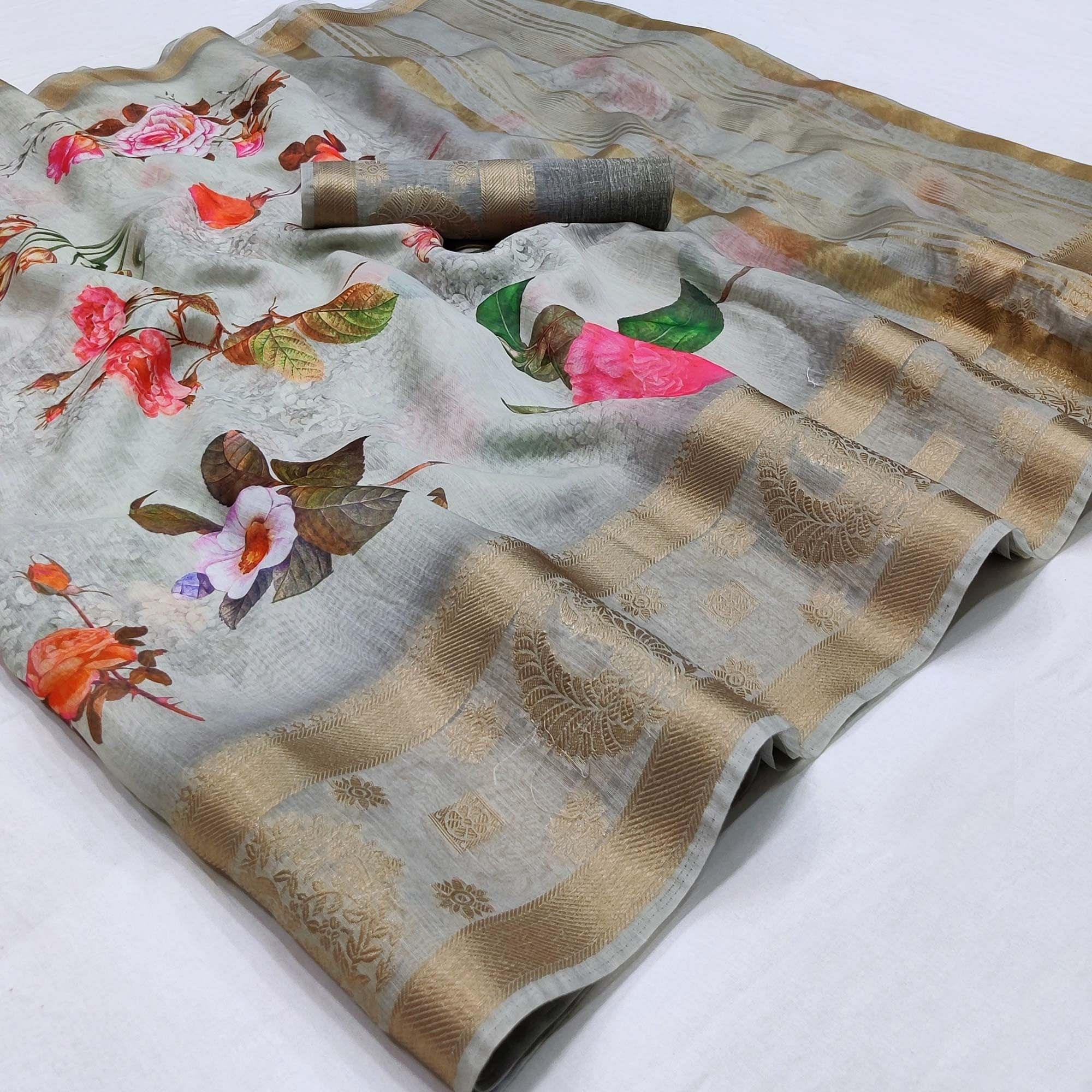 Grey Floral Printed Linen Saree - Peachmode