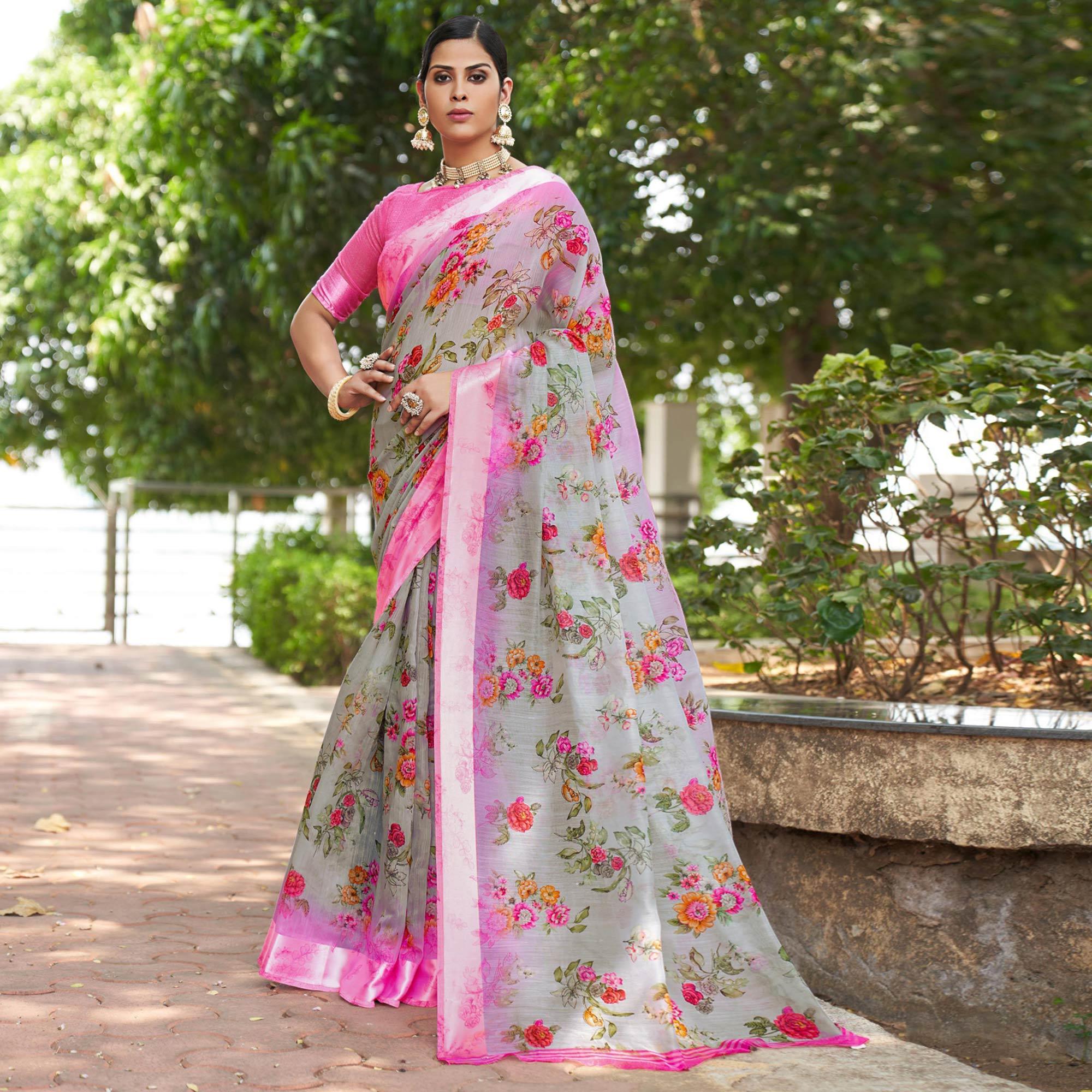 Grey Floral Printed Linen Saree - Peachmode