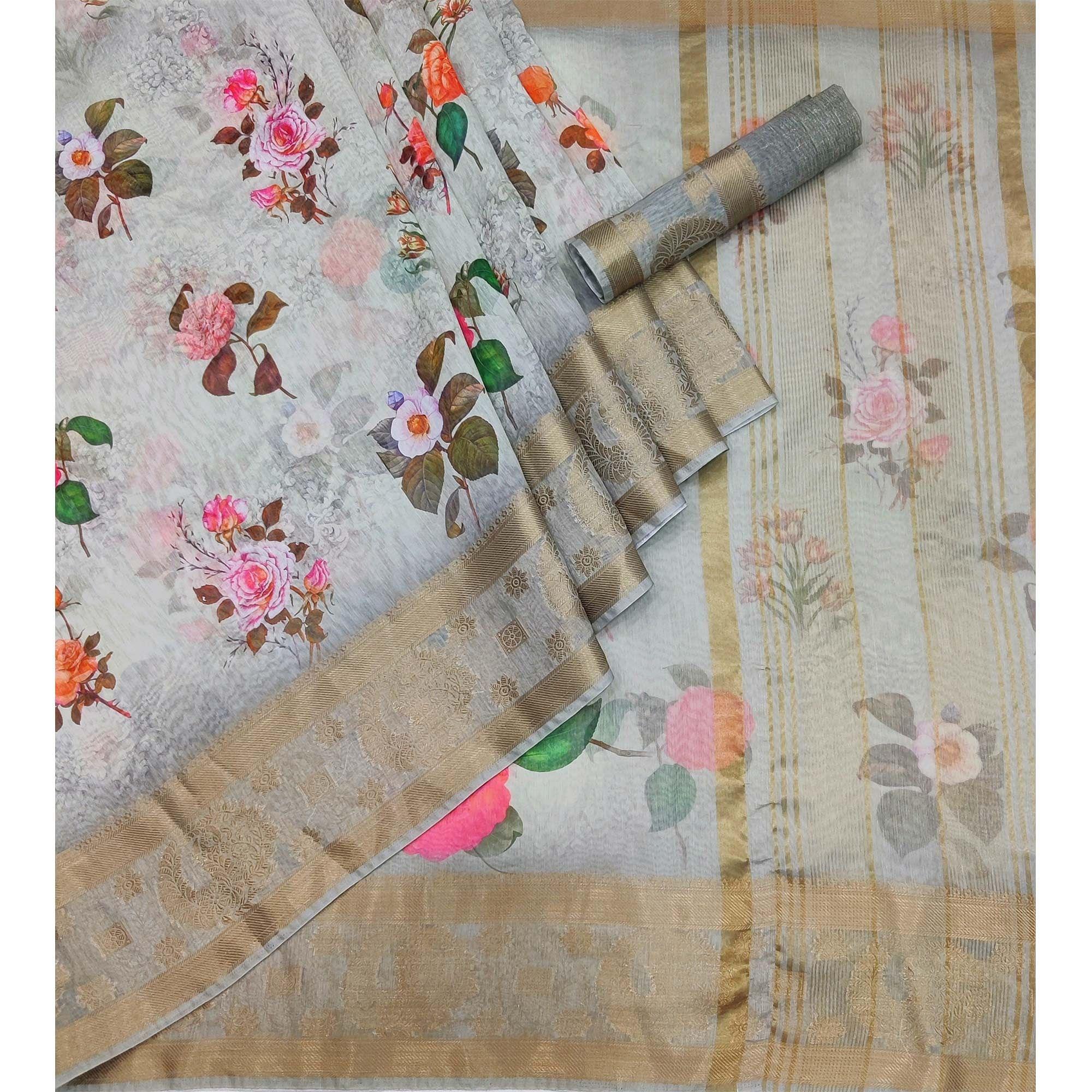 Grey Floral Printed Linen Saree - Peachmode