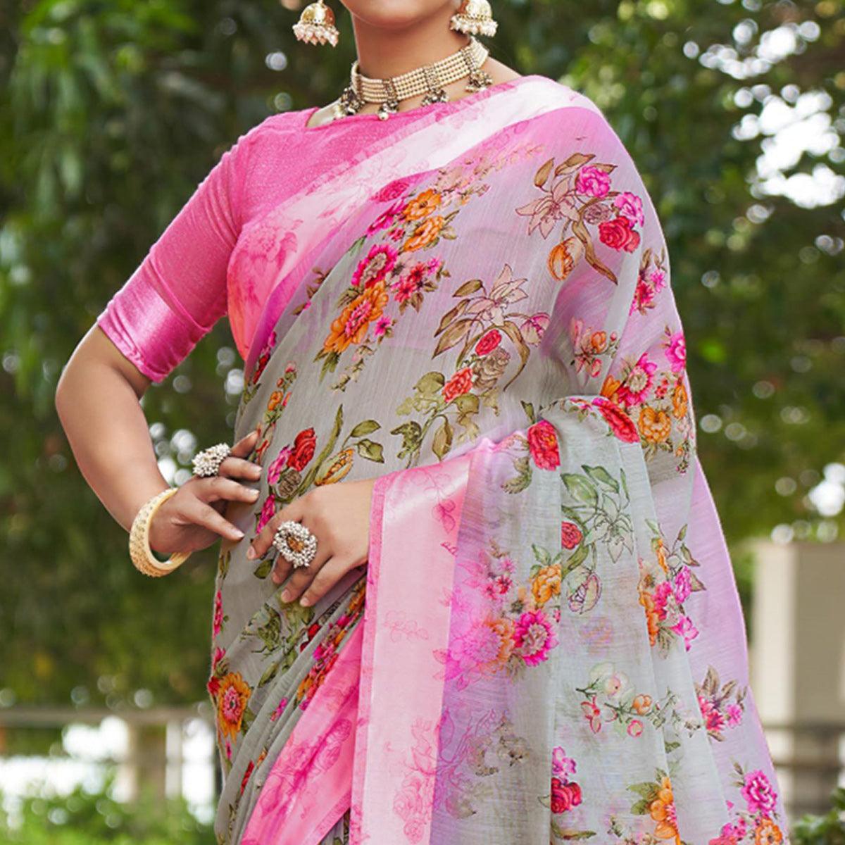 Grey Floral Printed Linen Saree - Peachmode