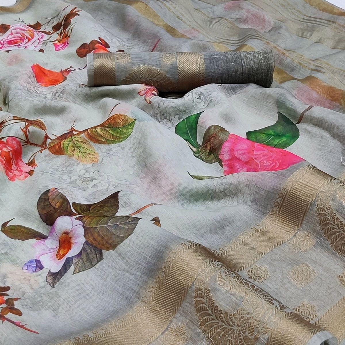 Grey Floral Printed Linen Saree - Peachmode