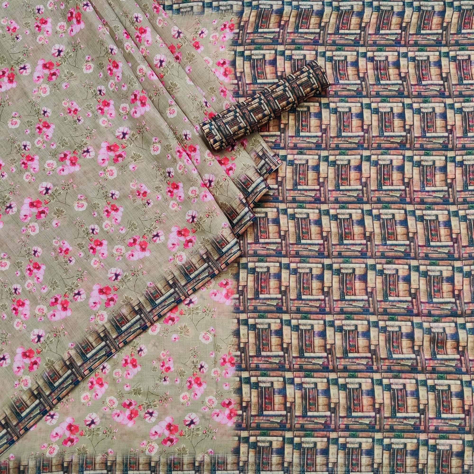 Grey Floral Printed Linen Saree - Peachmode