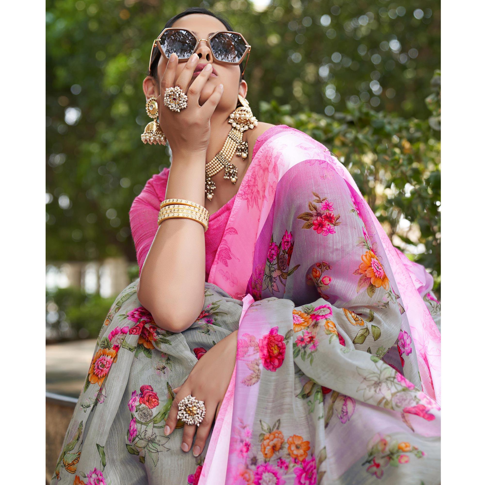 Grey Floral Printed Linen Saree - Peachmode