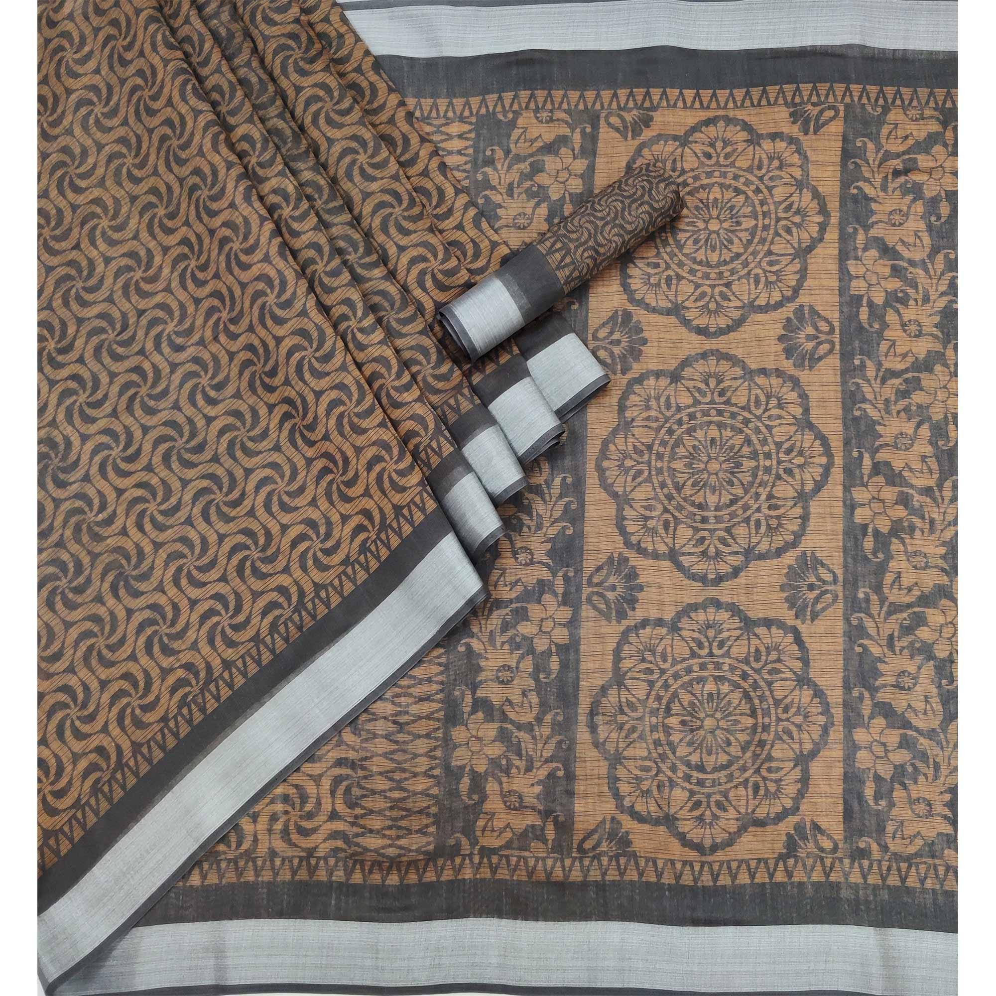 Grey Floral Printed Linen Saree - Peachmode
