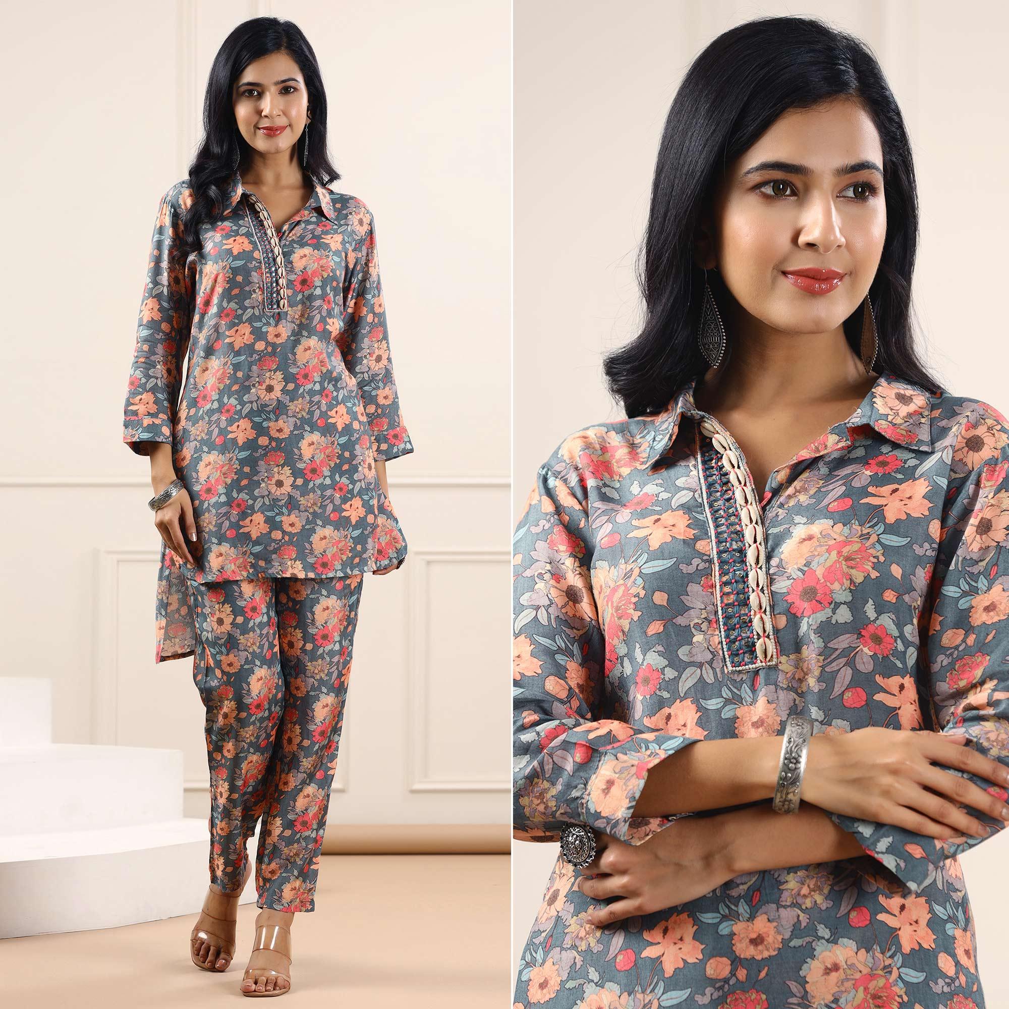 Grey Floral Printed Muslin Kurti Pant Set - Peachmode