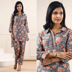 Grey Floral Printed Muslin Kurti Pant Set - Peachmode