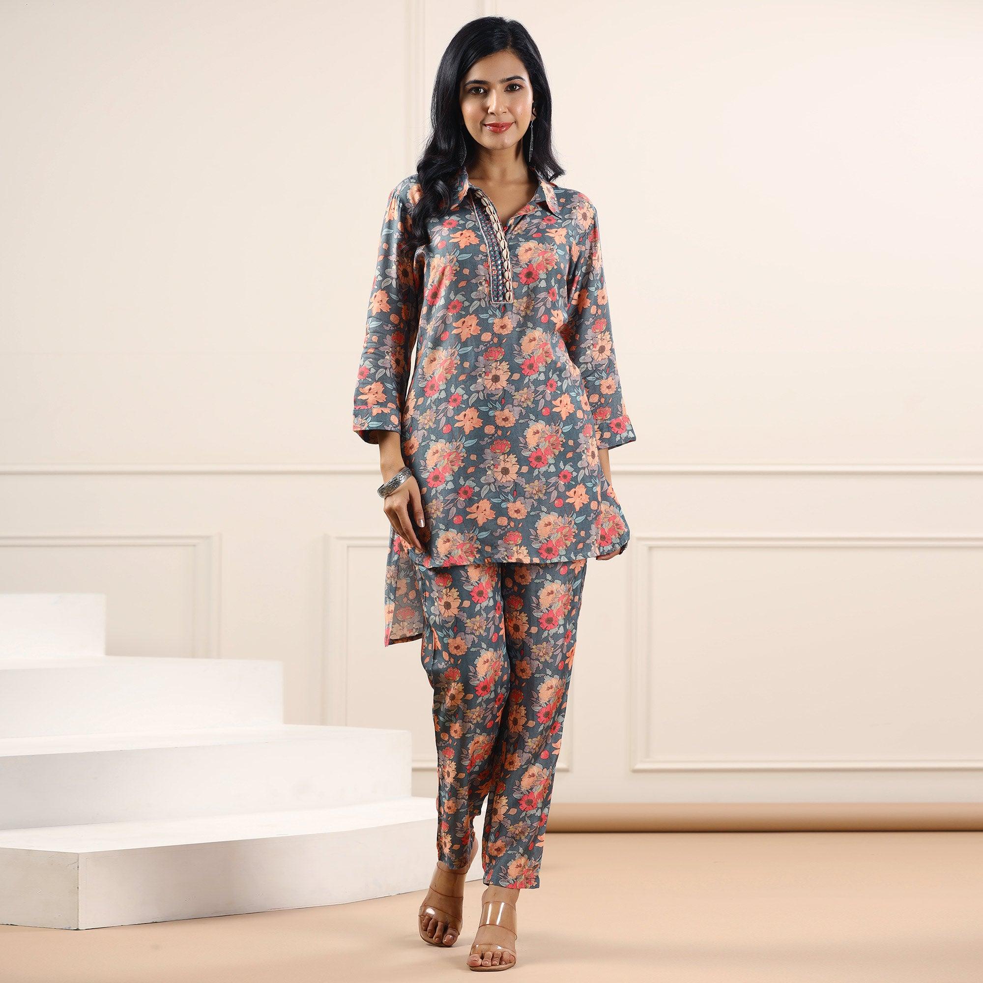Grey Floral Printed Muslin Kurti Pant Set - Peachmode
