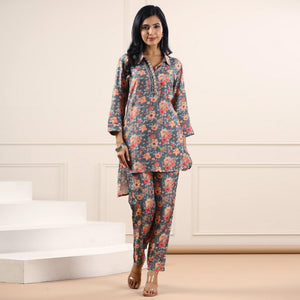 Grey Floral Printed Muslin Kurti Pant Set - Peachmode
