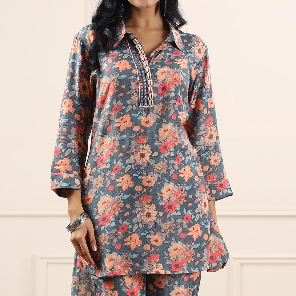 Grey Floral Printed Muslin Kurti Pant Set - Peachmode