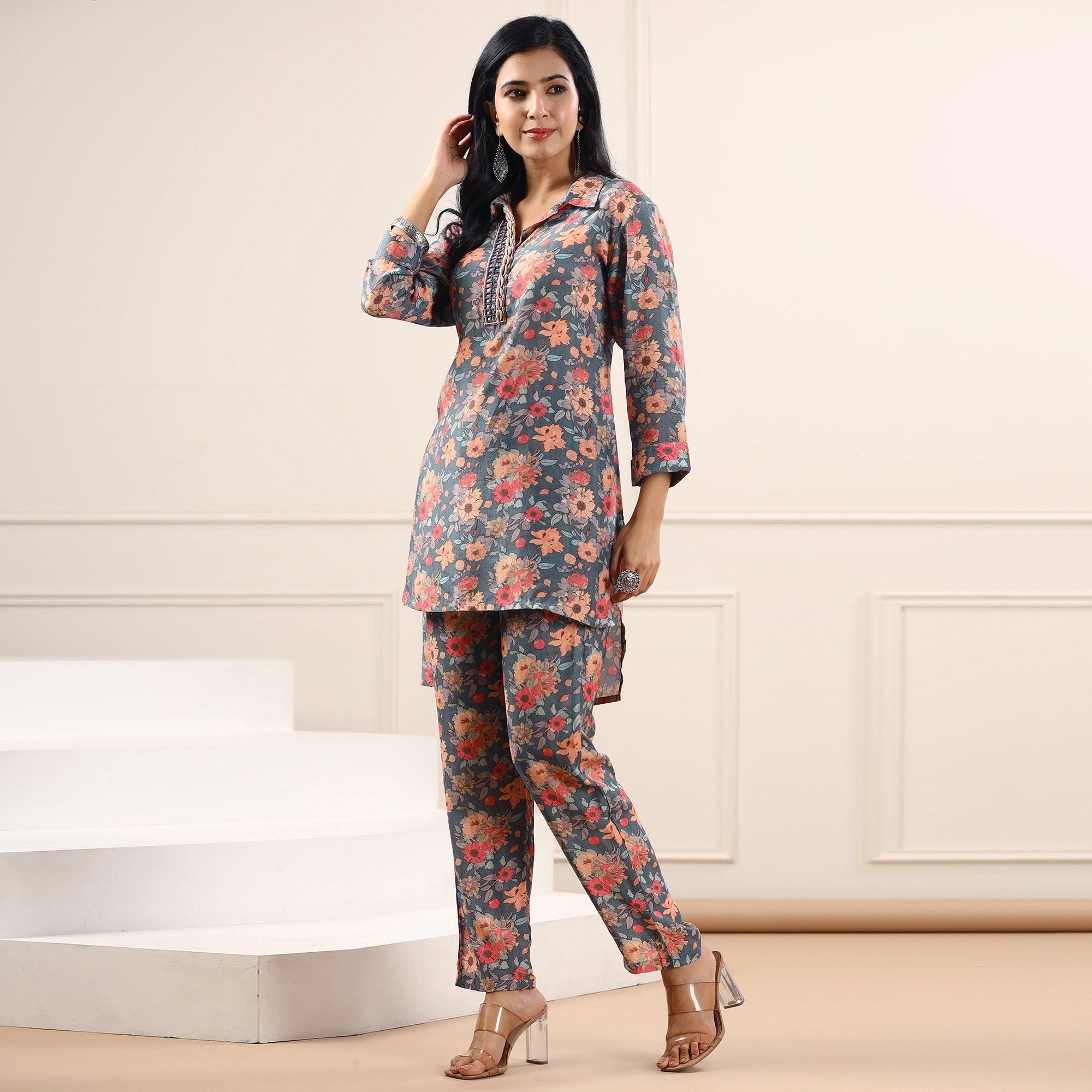 Grey Floral Printed Muslin Kurti Pant Set - Peachmode