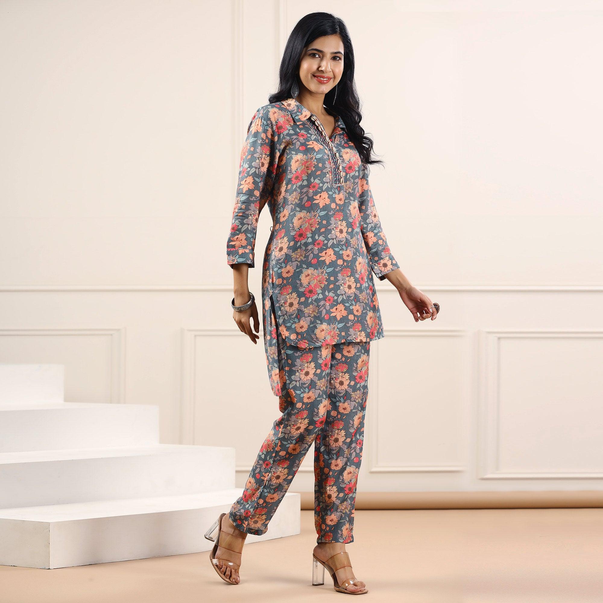 Grey Floral Printed Muslin Kurti Pant Set - Peachmode