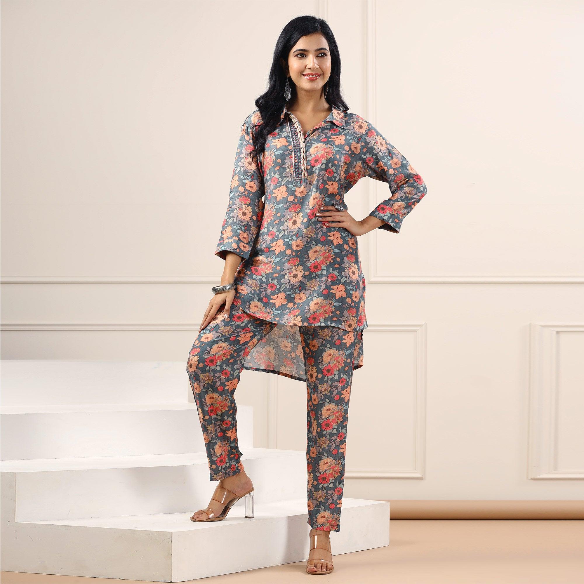 Grey Floral Printed Muslin Kurti Pant Set - Peachmode