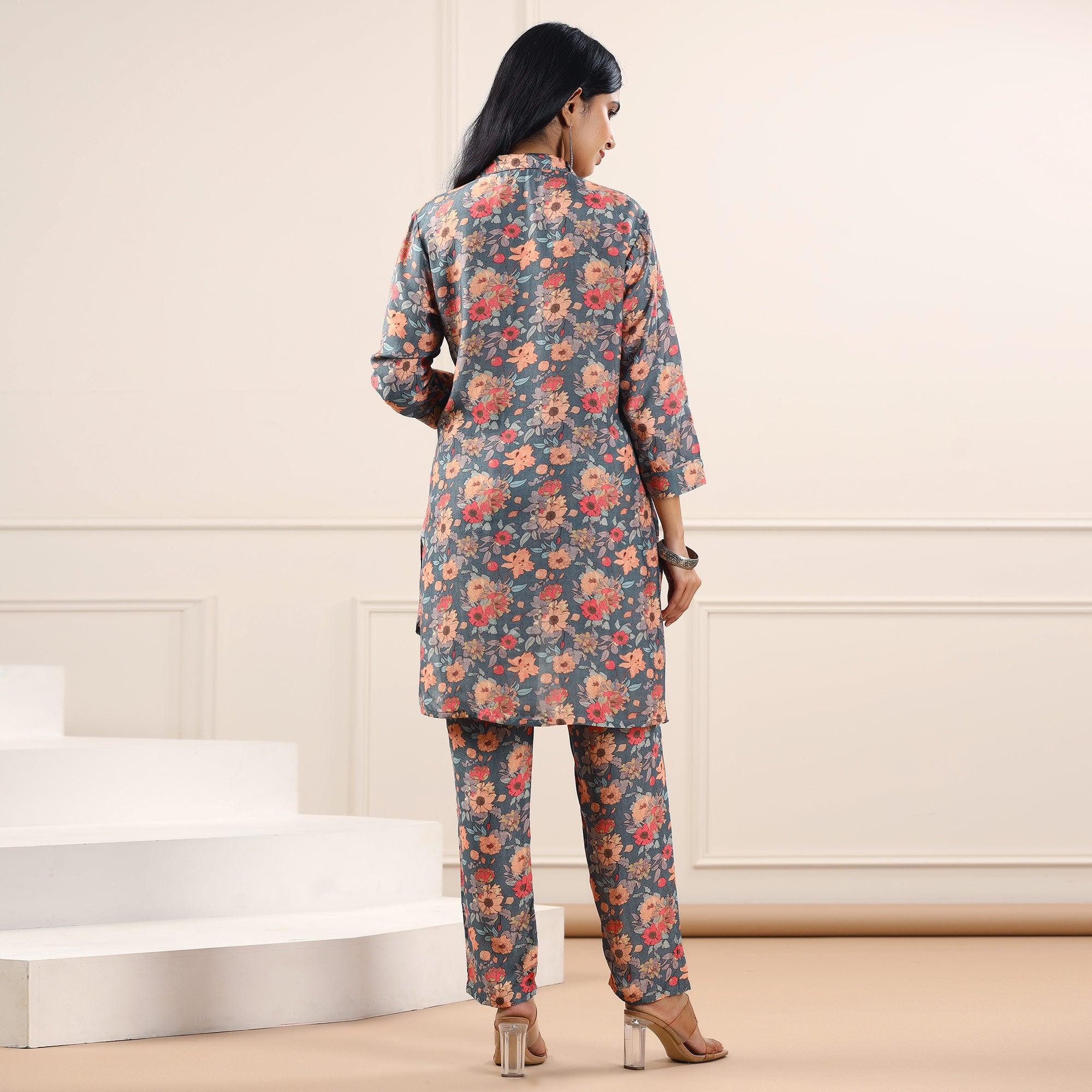 Grey Floral Printed Muslin Kurti Pant Set - Peachmode