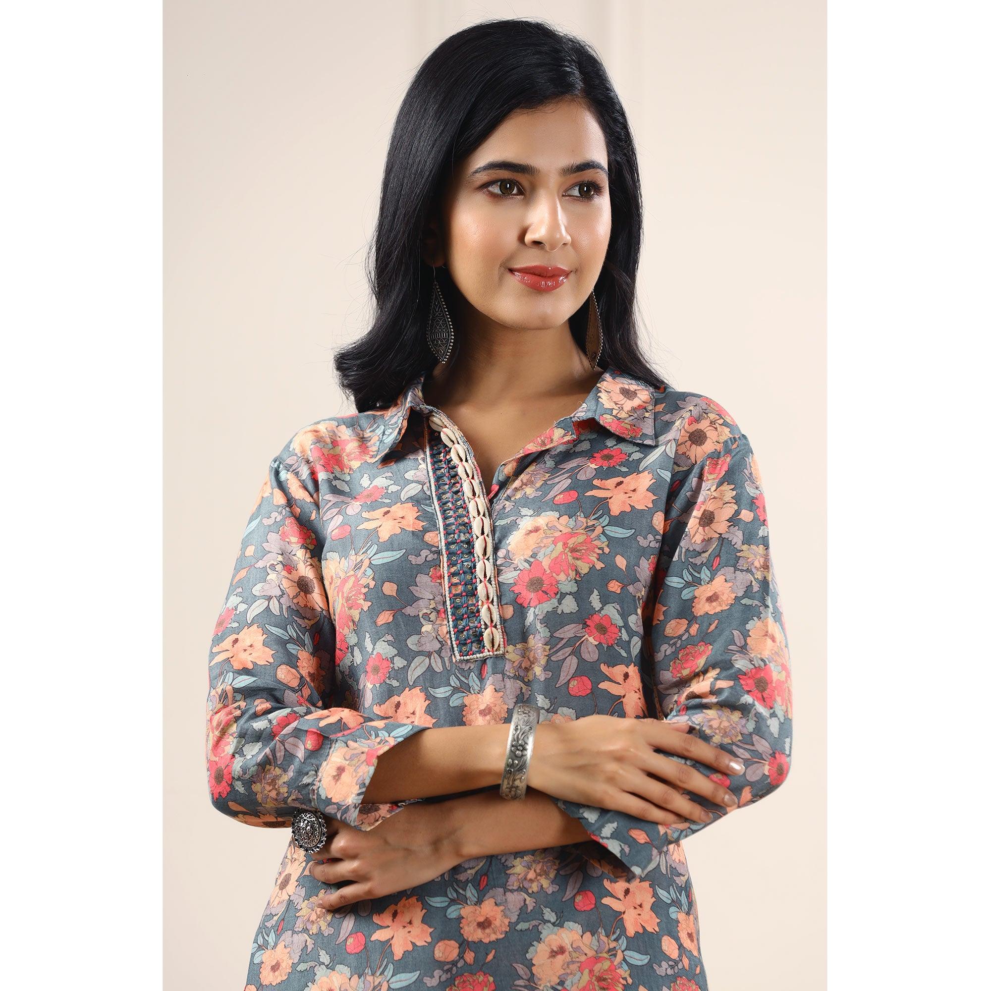 Grey Floral Printed Muslin Kurti Pant Set - Peachmode