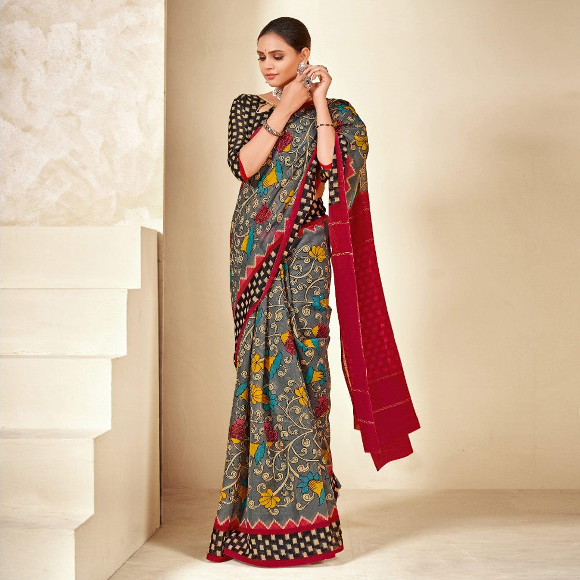 Grey Floral Printed Poly Cotton Saree - Peachmode