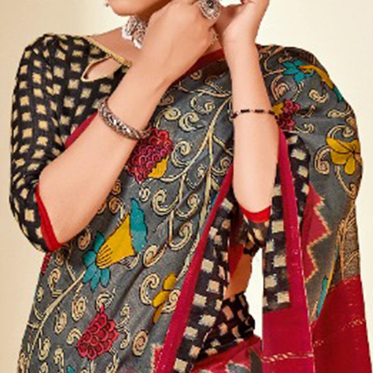 Grey Floral Printed Poly Cotton Saree - Peachmode