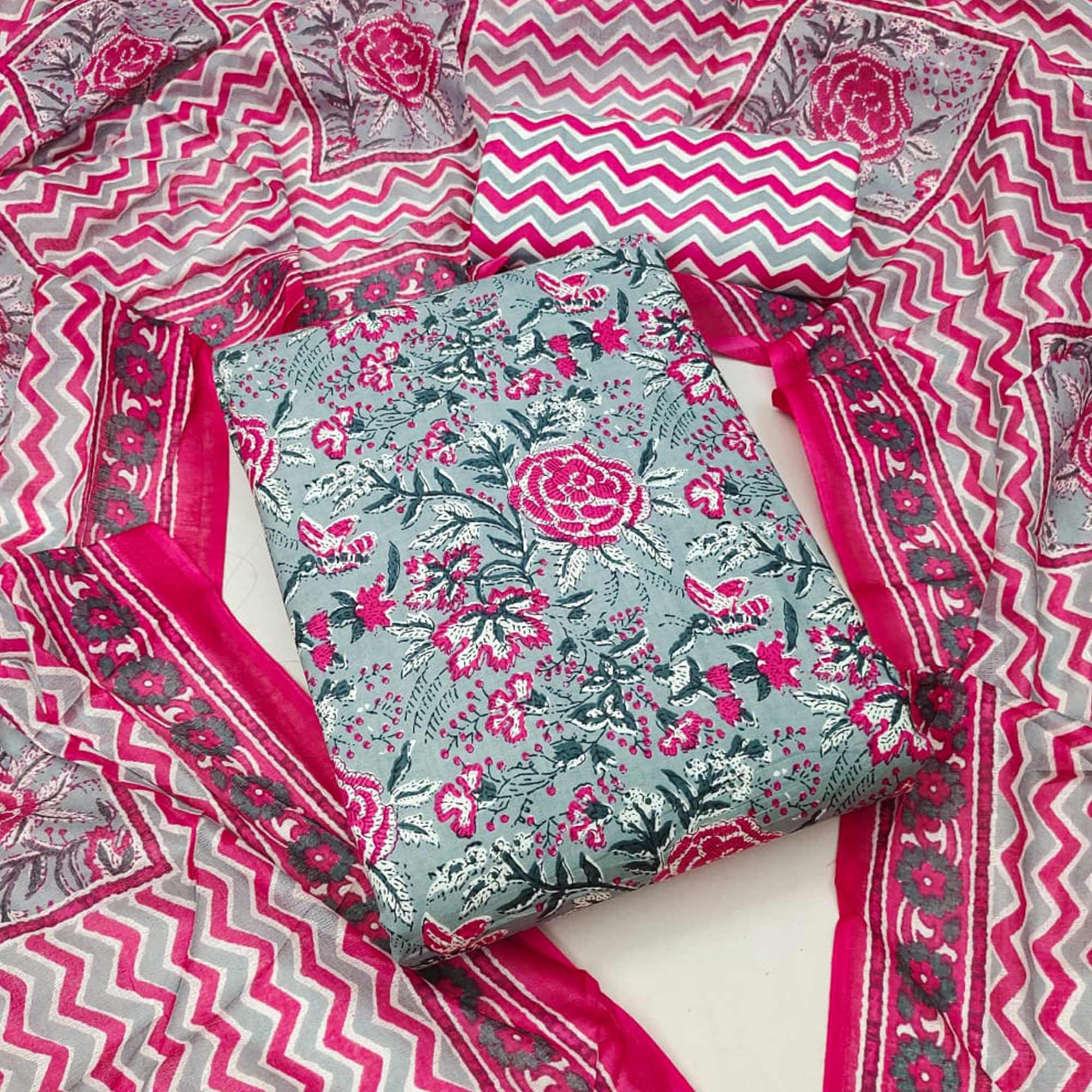 Grey Floral Printed Pure Cotton Dress Material - Peachmode