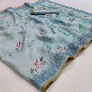 Grey Floral Printed Pure Cotton Saree - Peachmode