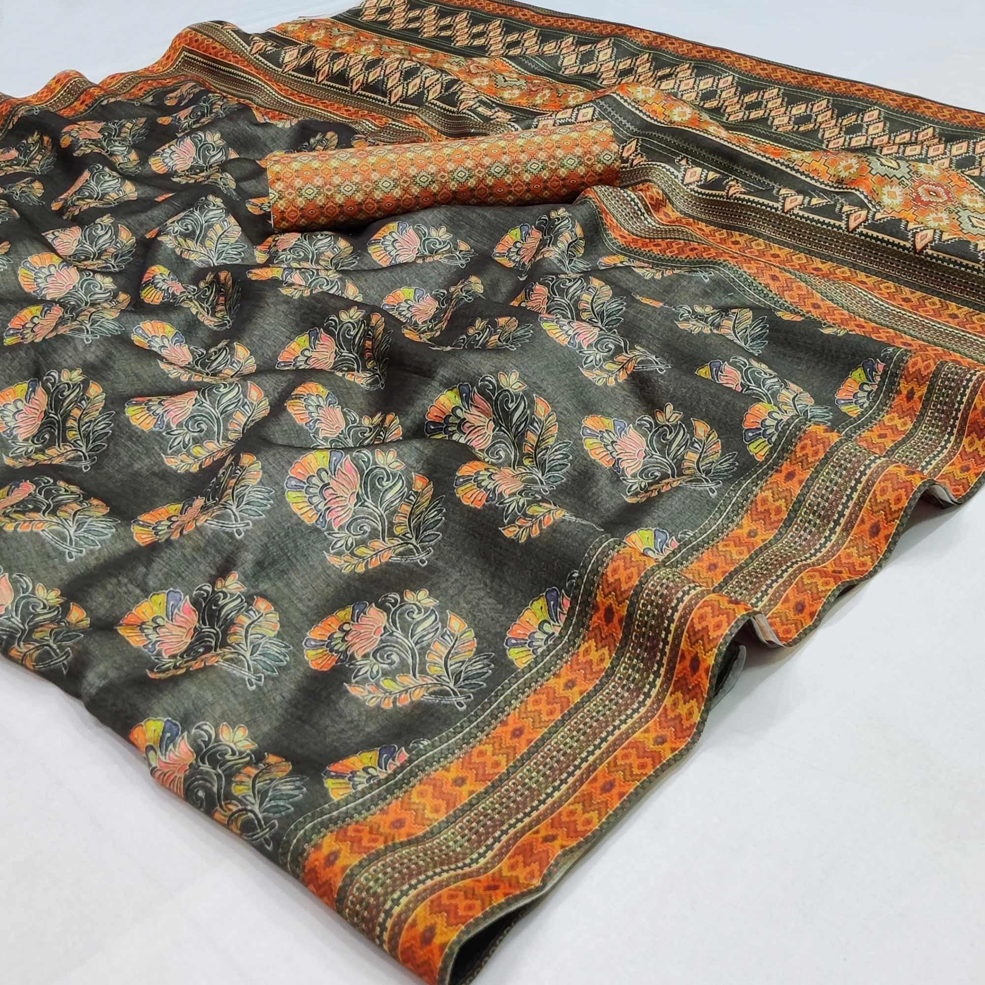 Grey Floral Printed Pure Cotton Saree - Peachmode
