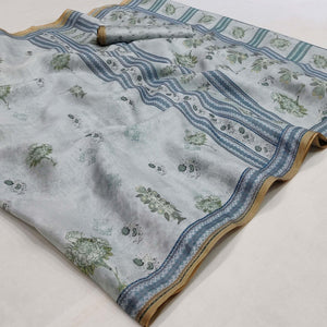 Grey Floral Printed Pure Cotton Saree - Peachmode