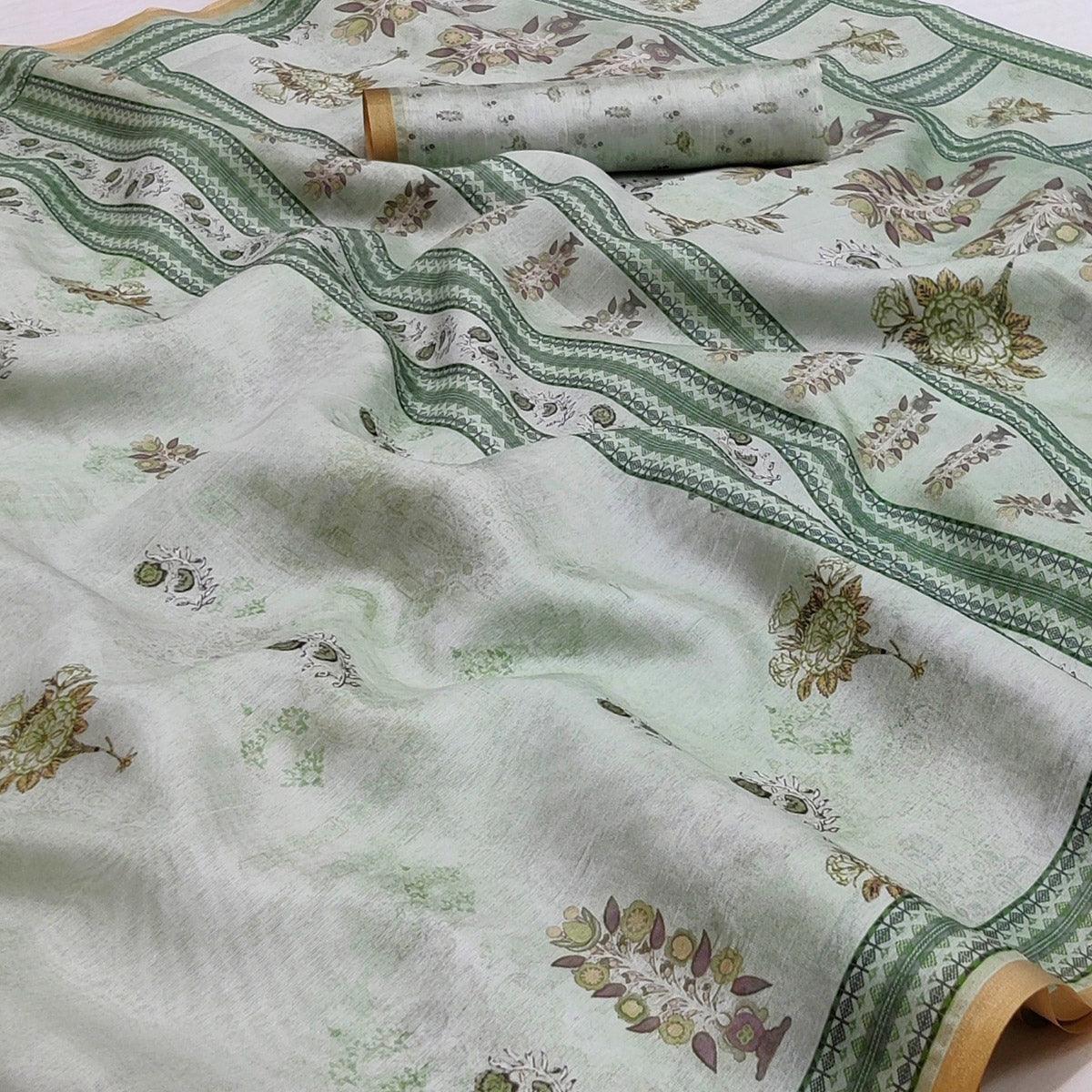 Grey Floral Printed Pure Cotton Saree - Peachmode
