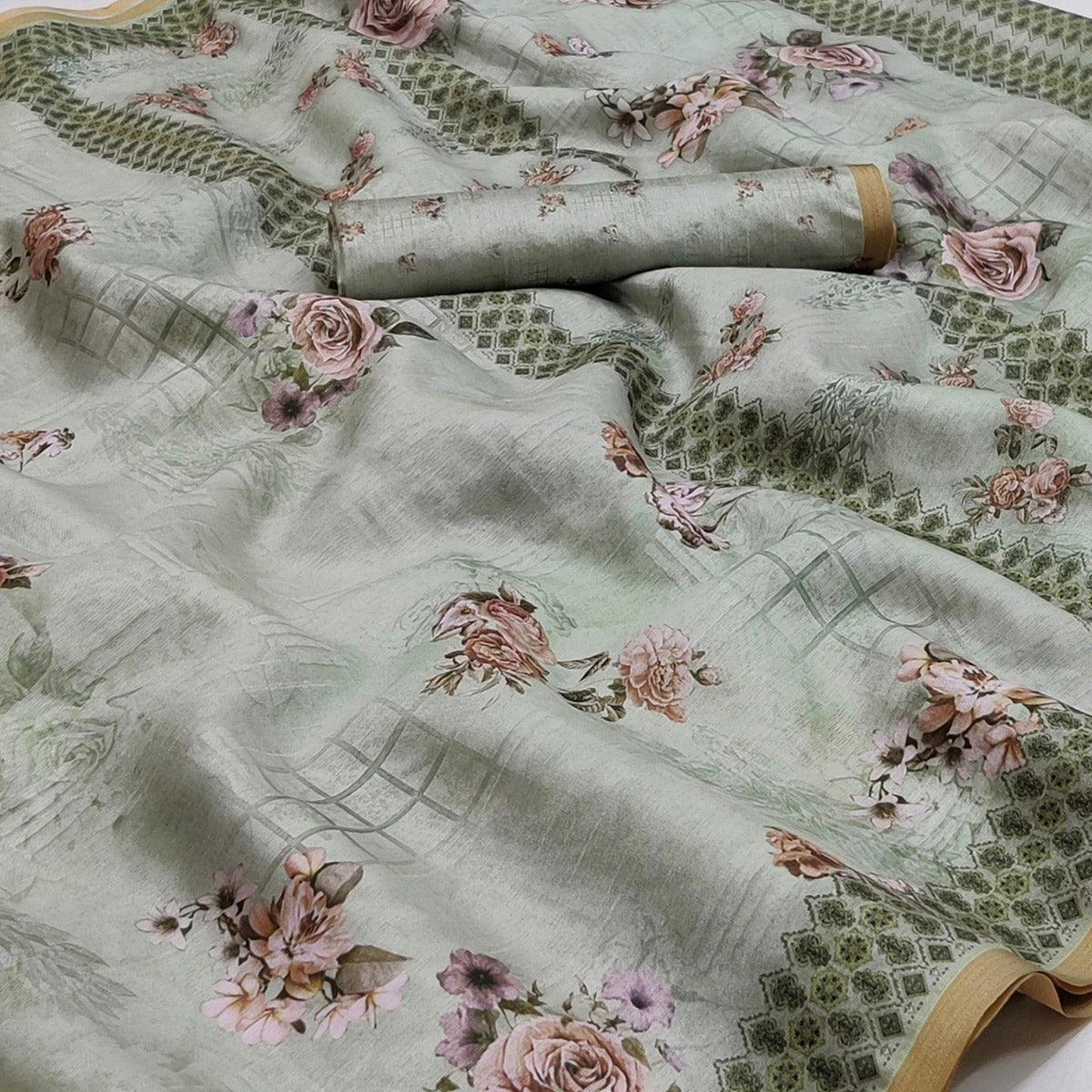 Grey Floral Printed Pure Cotton Saree - Peachmode
