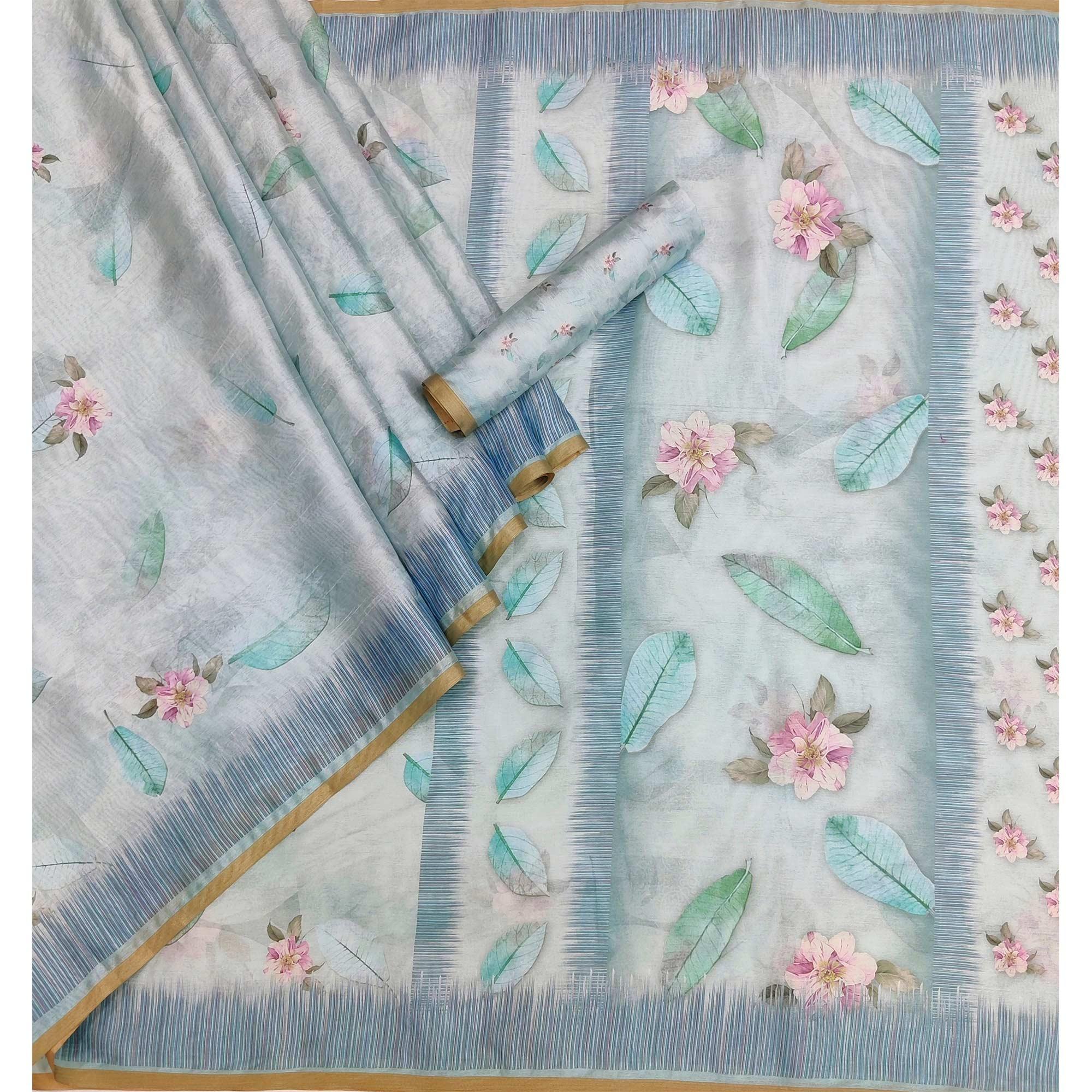 Grey Floral Printed Pure Cotton Saree - Peachmode