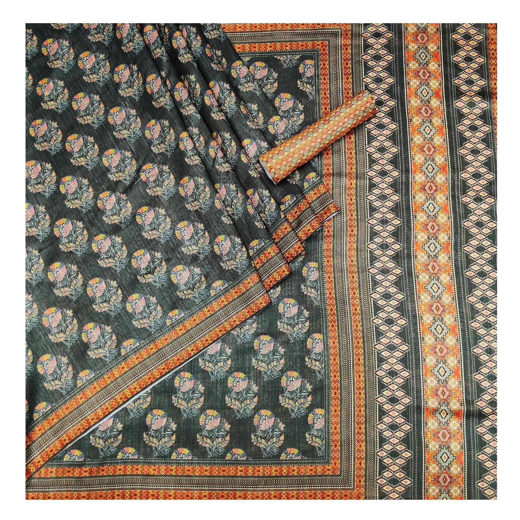 Grey Floral Printed Pure Cotton Saree - Peachmode