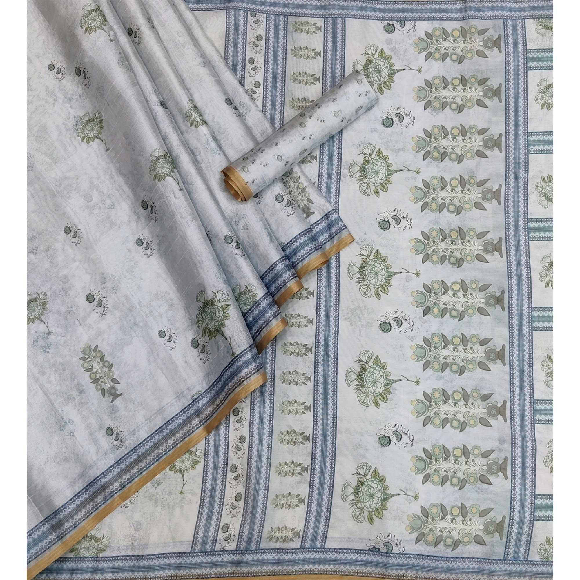 Grey Floral Printed Pure Cotton Saree - Peachmode