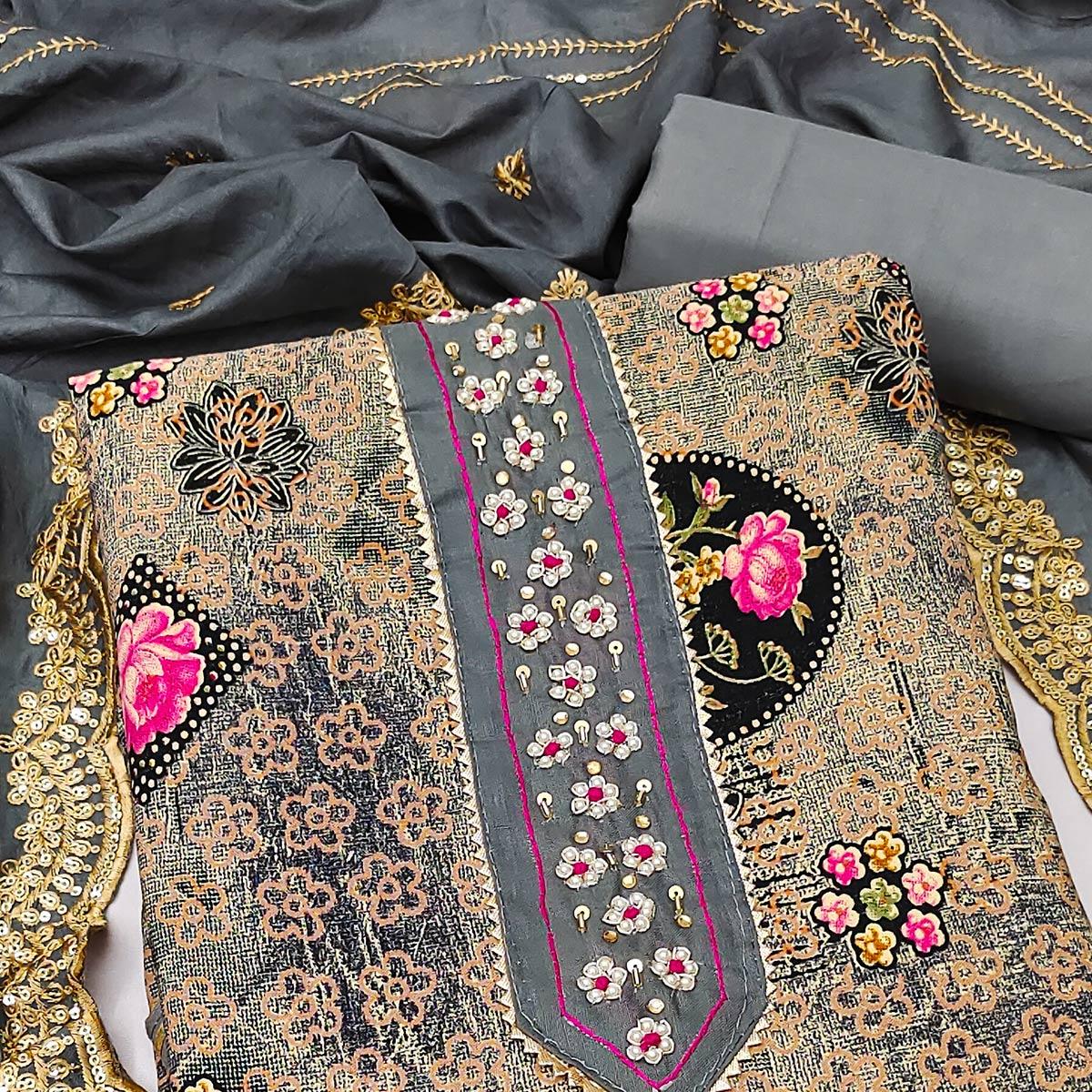 Grey Floral Printed With Embellished Pure Cotton Dress Material - Peachmode