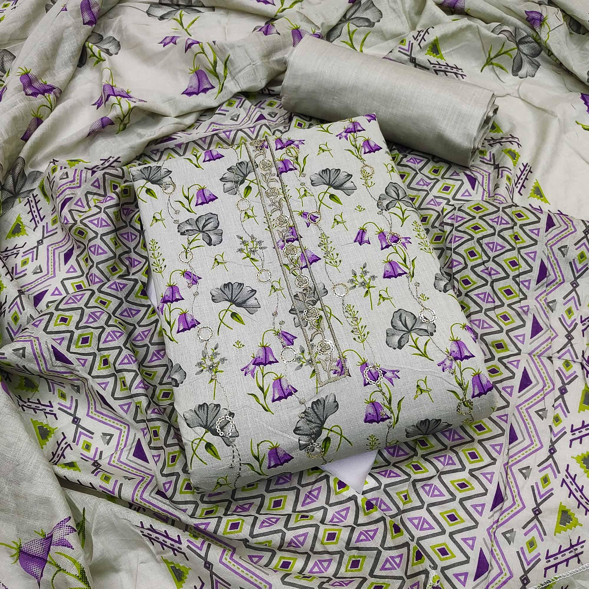 Grey Floral Printed With Embroidered Pure Cotton Dress Material - Peachmode