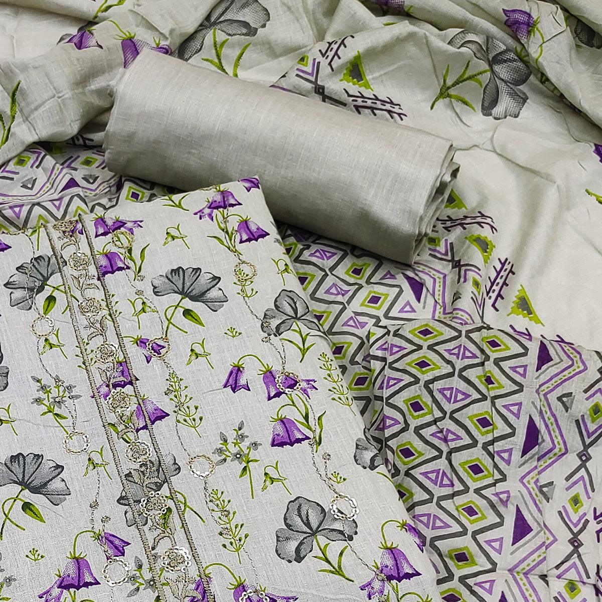 Grey Floral Printed With Embroidered Pure Cotton Dress Material - Peachmode