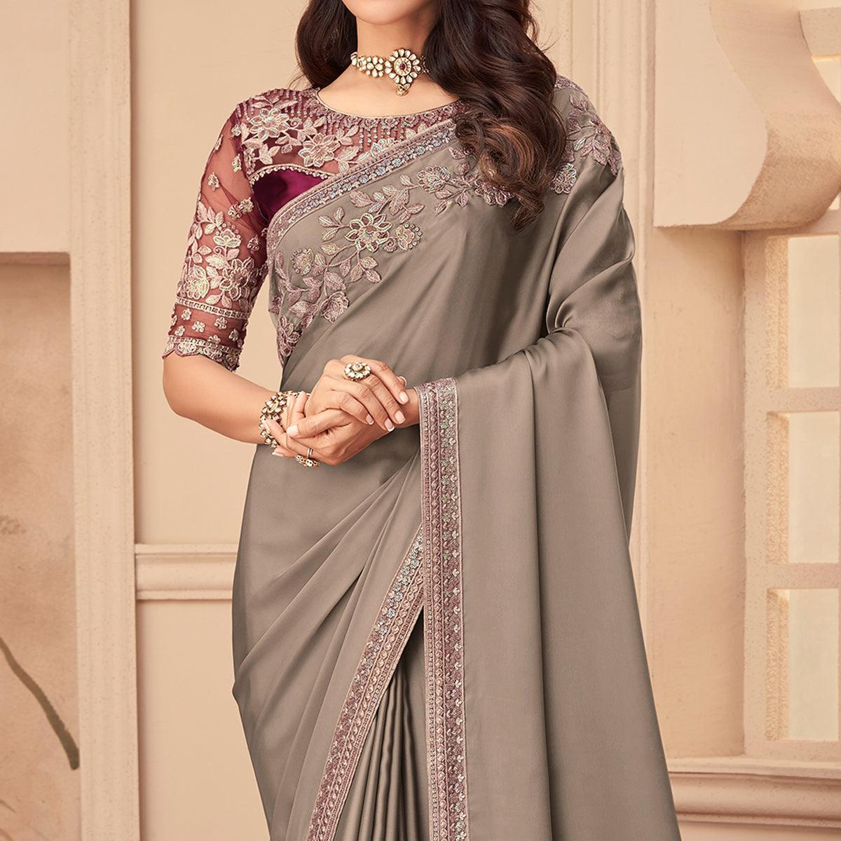 Grey Floral Sequence Embroidered Art Silk Saree - Peachmode