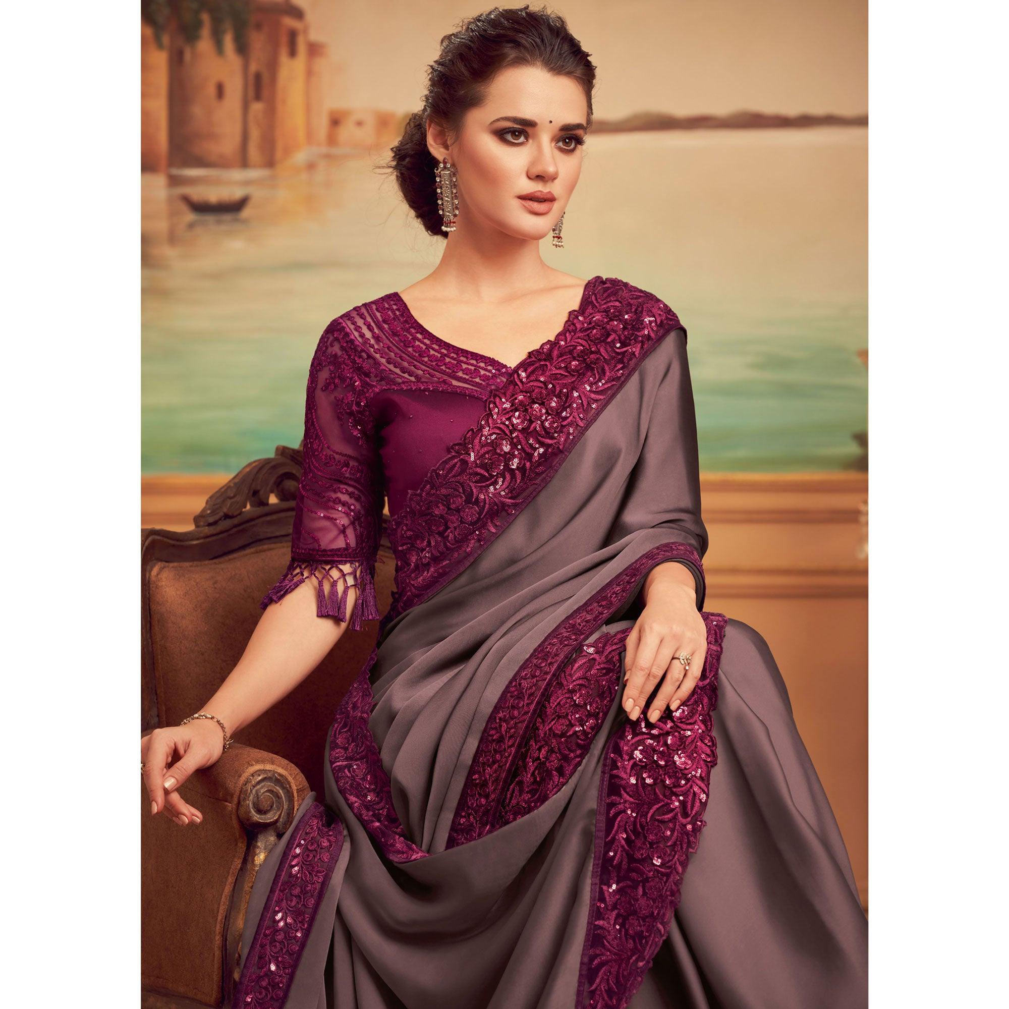 Grey Floral Sequence Embroidered Art Silk Saree - Peachmode