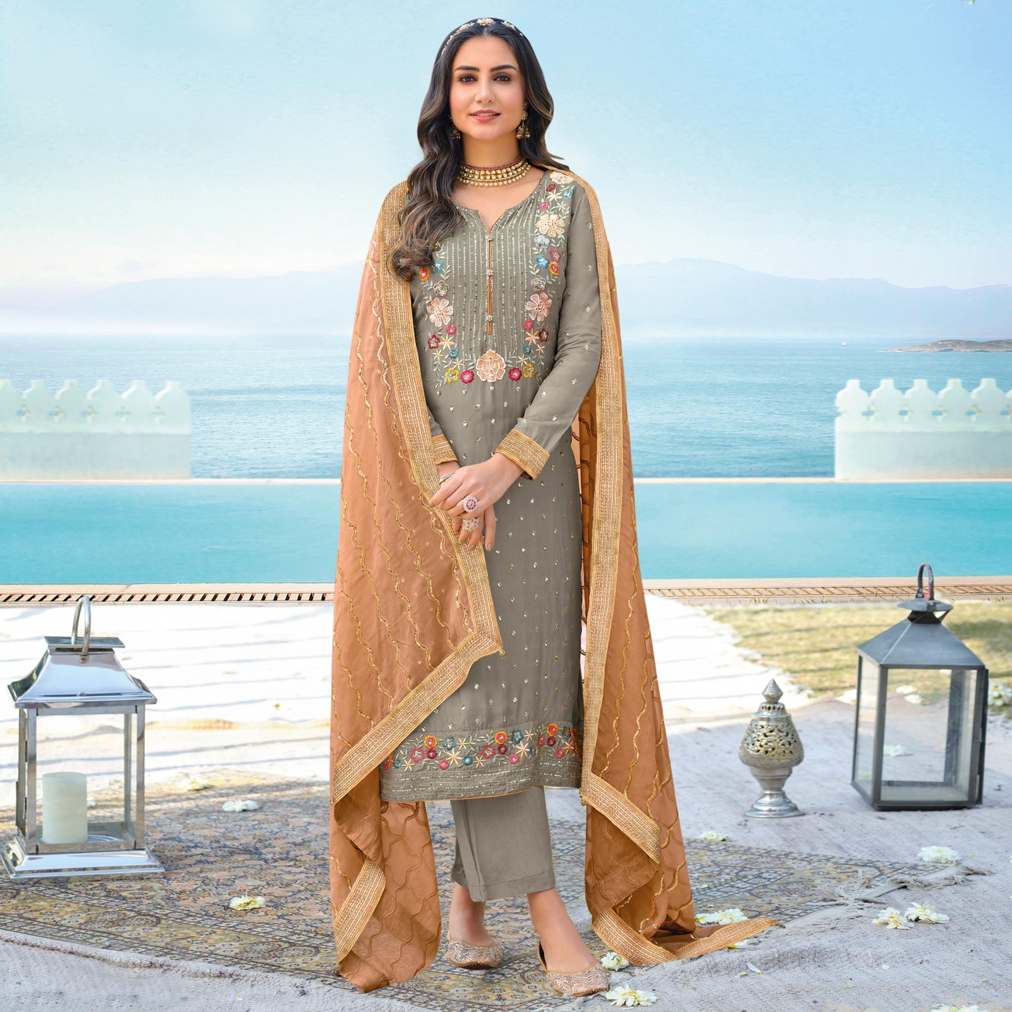 Grey Floral Sequence Embroidered Chiffon Partywear Suit - Peachmode