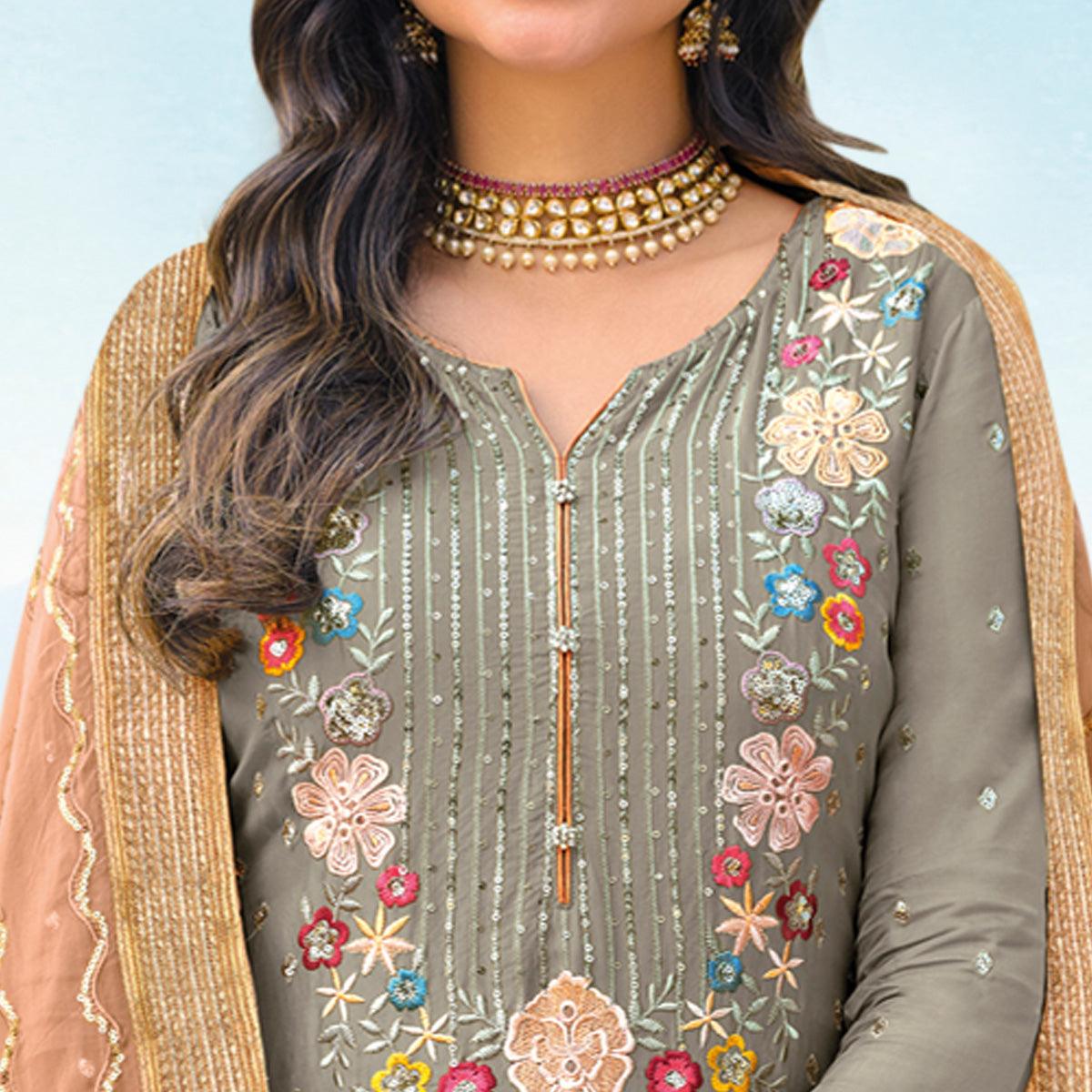 Grey Floral Sequence Embroidered Chiffon Partywear Suit - Peachmode