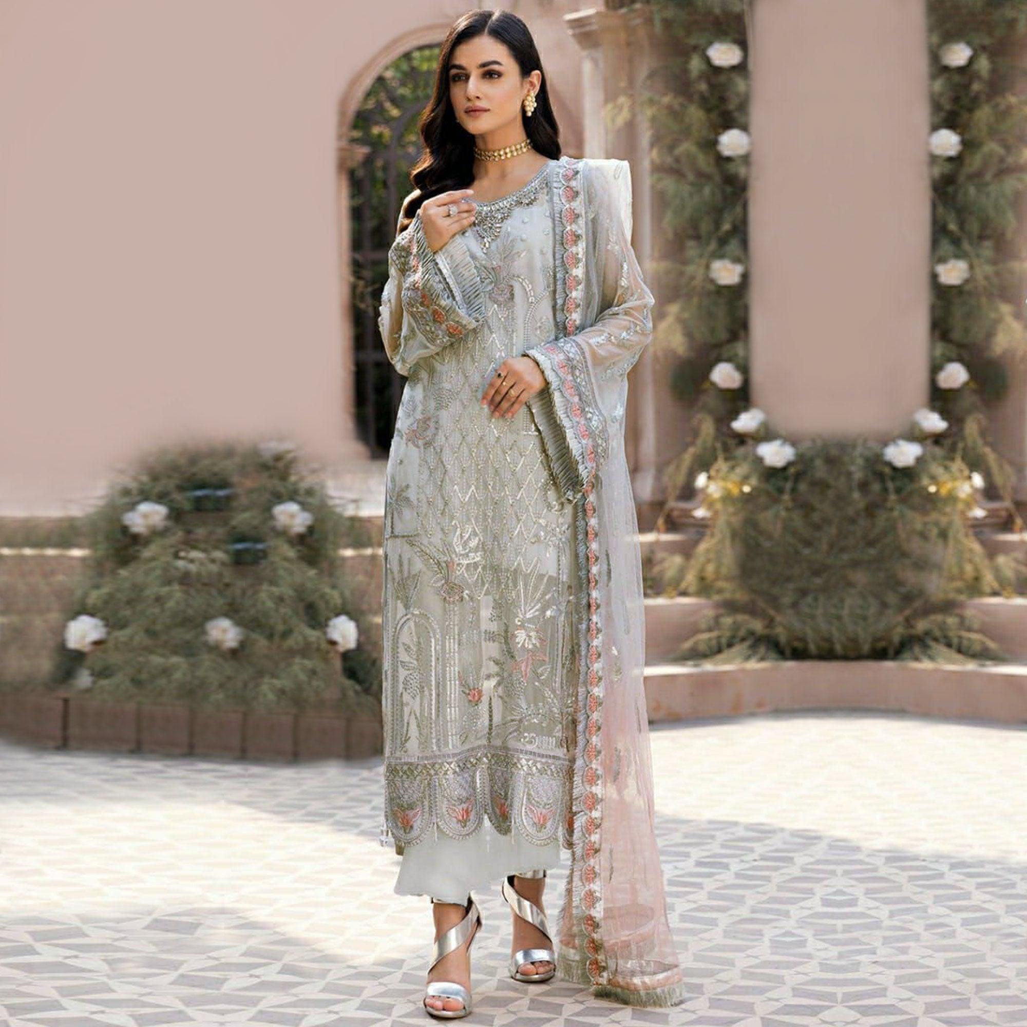 Grey Floral Sequence Embroidered Georgette Pakistani Suit - Peachmode