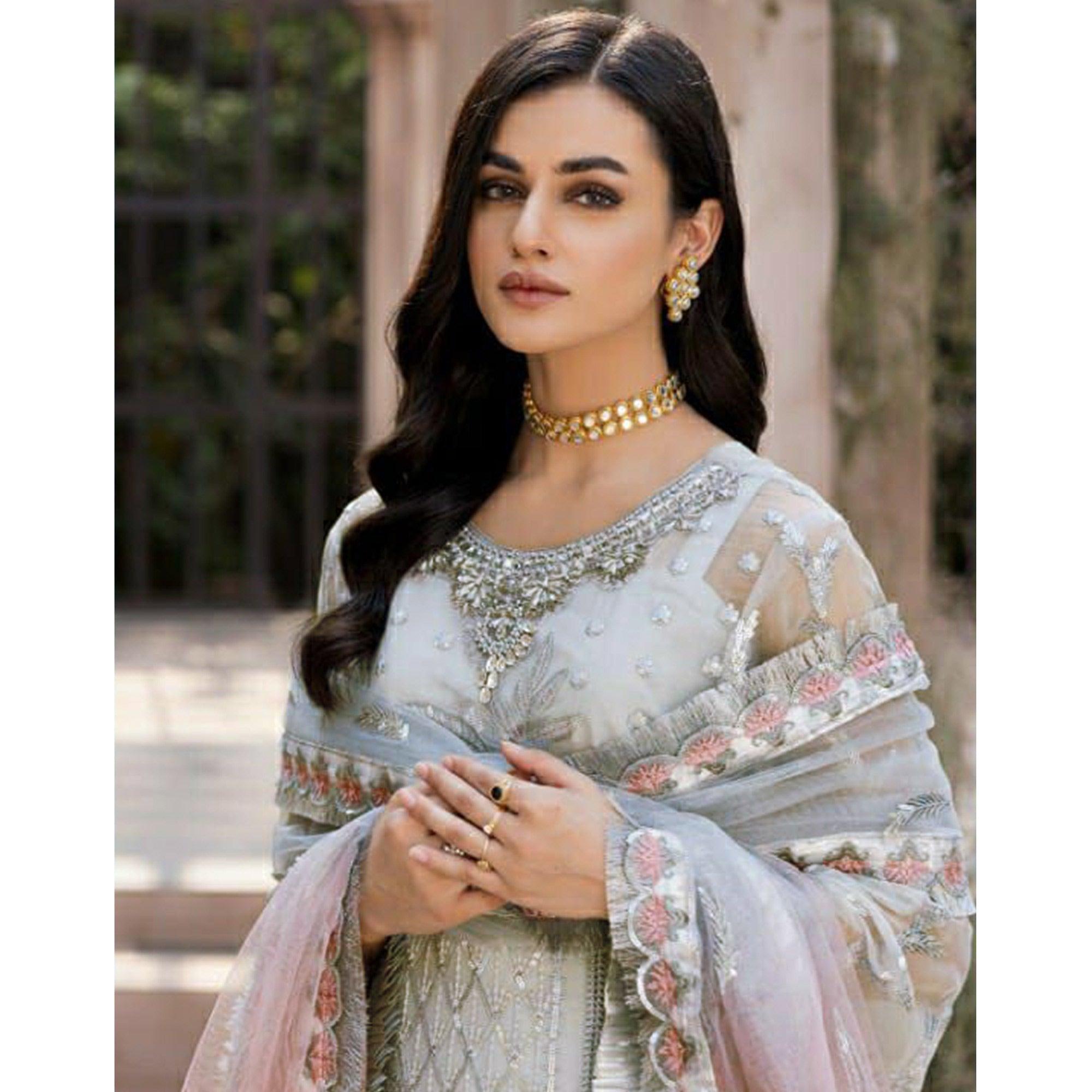 Grey Floral Sequence Embroidered Georgette Pakistani Suit - Peachmode