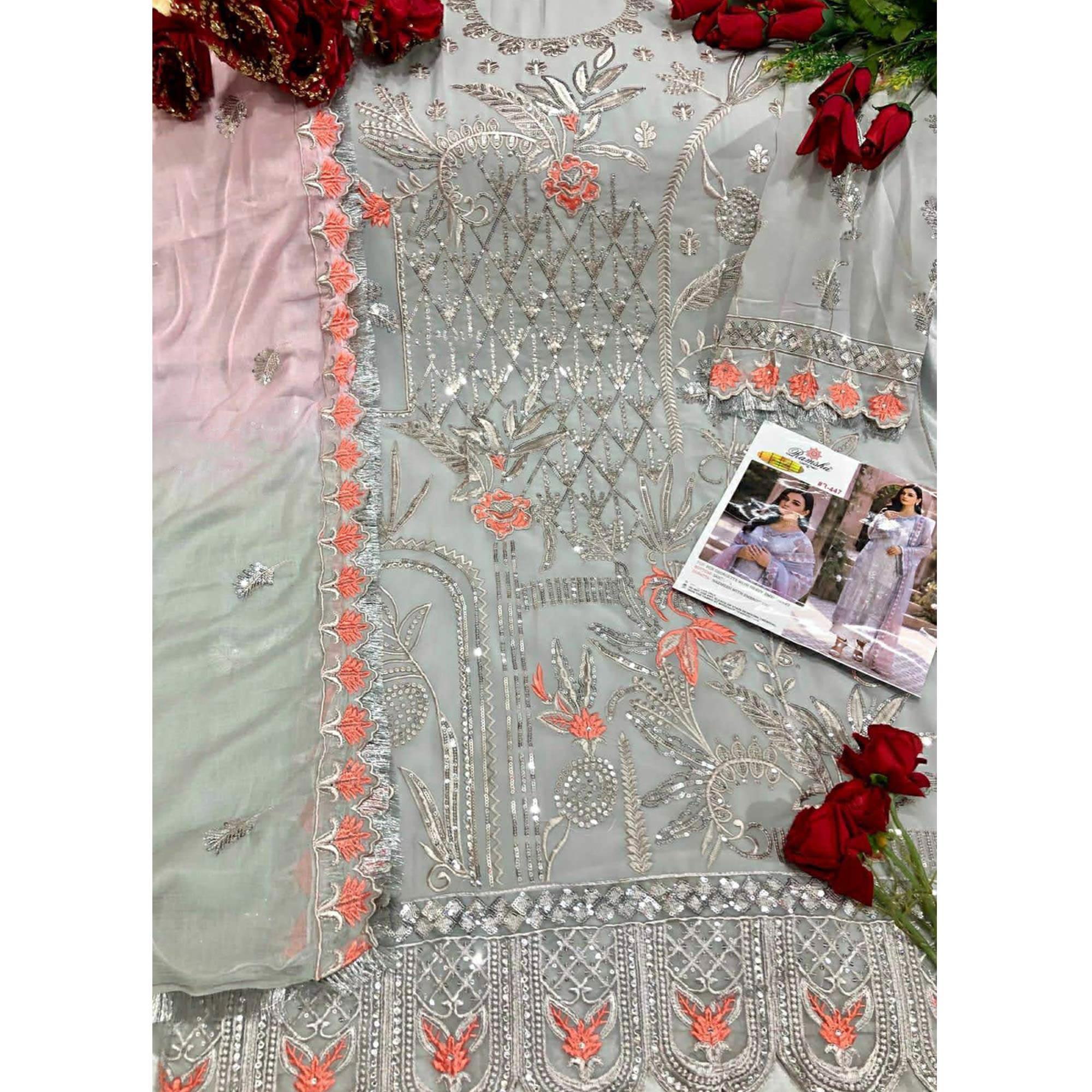 Grey Floral Sequence Embroidered Georgette Pakistani Suit - Peachmode