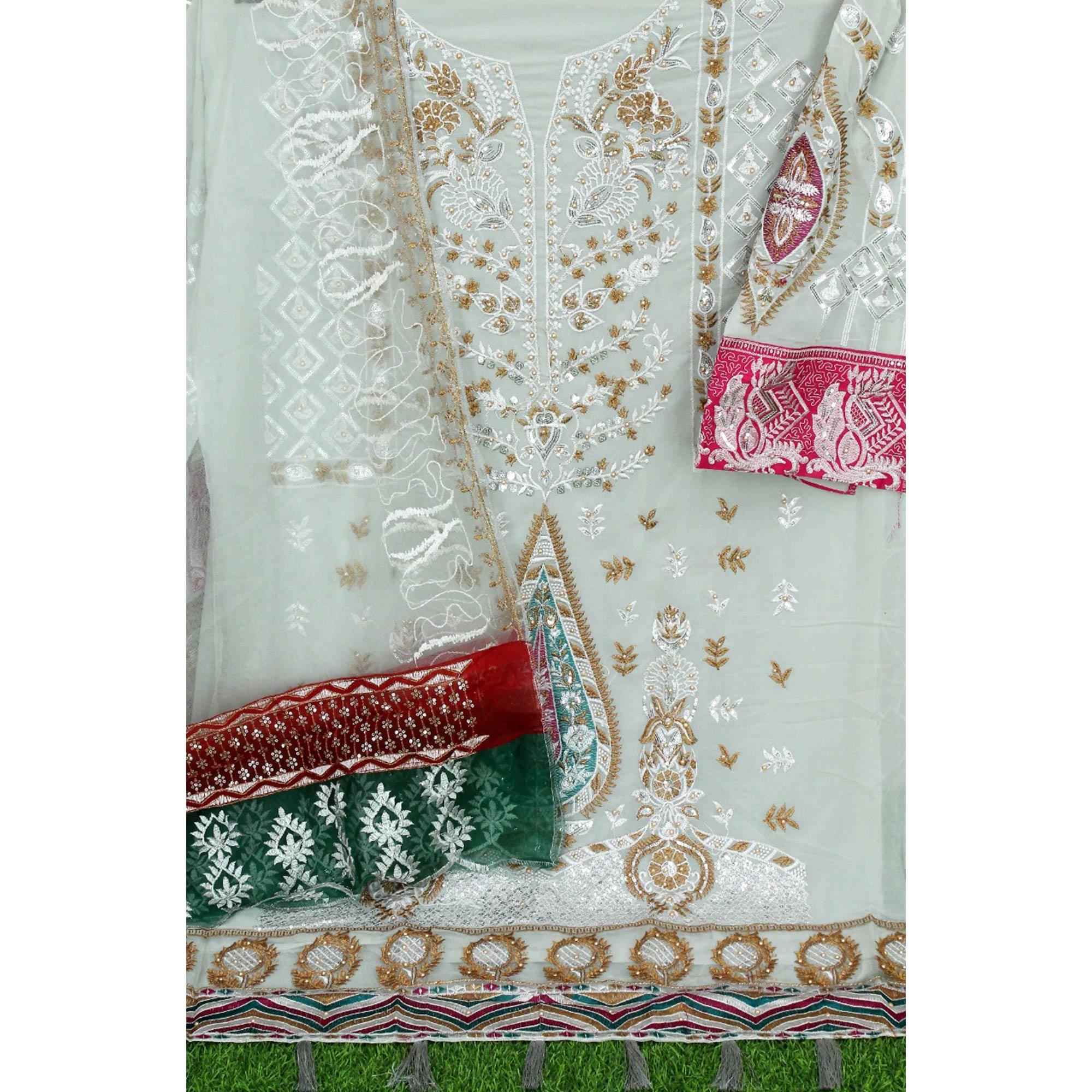 Grey Floral Sequence Embroidered Georgette Pakistani Suit - Peachmode