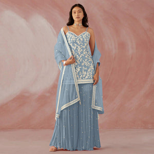 Grey Floral Sequence Embroidered Georgette Sharara Suit - Peachmode