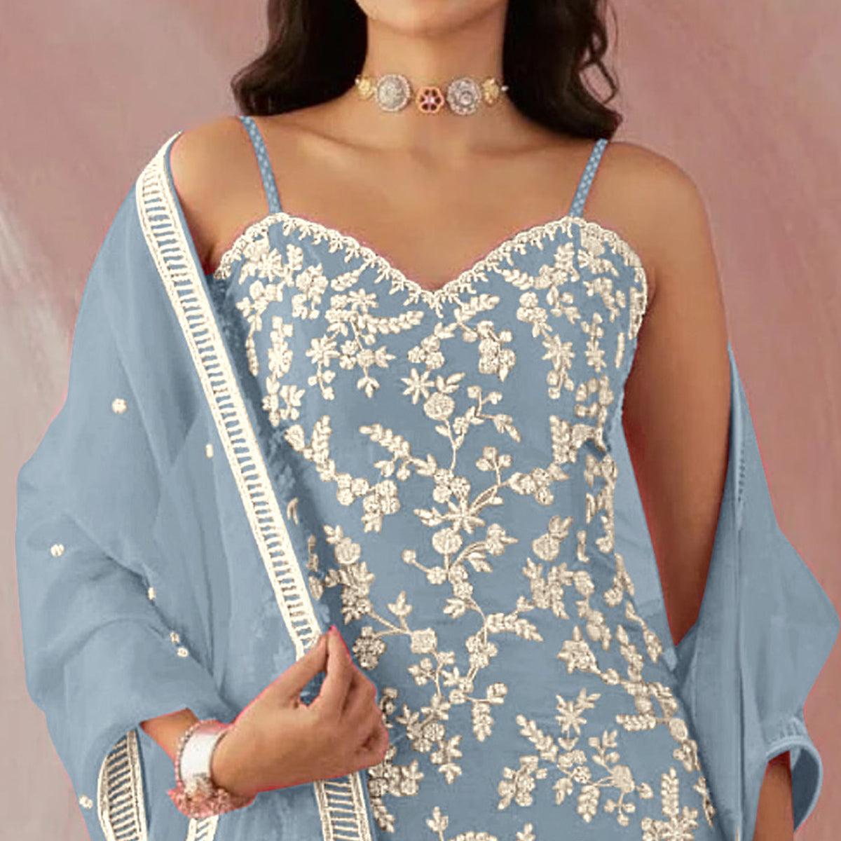 Grey Floral Sequence Embroidered Georgette Sharara Suit - Peachmode